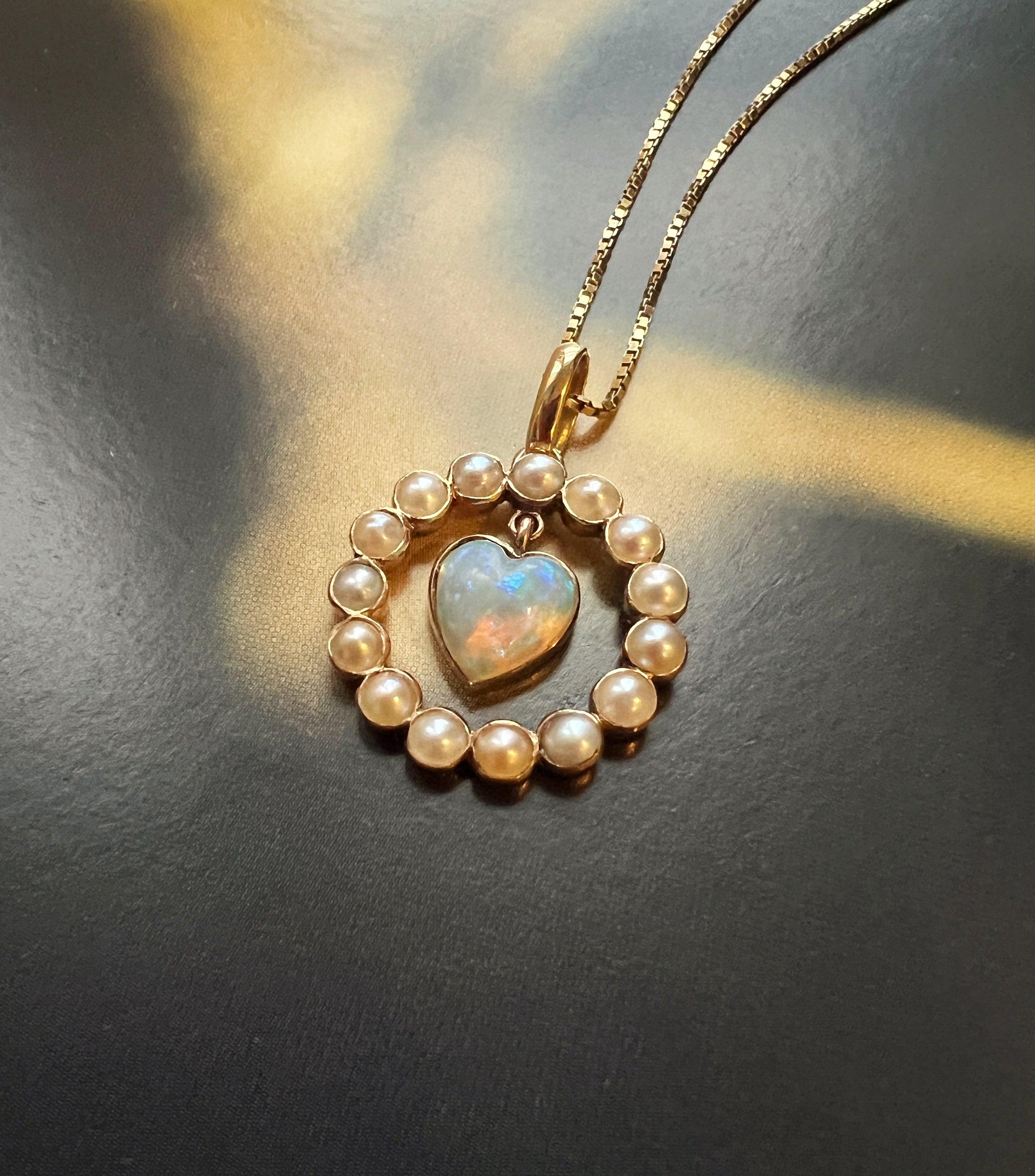 Sweet antique 18K gold swinging opal heart pearl pendant - Curiously timeless