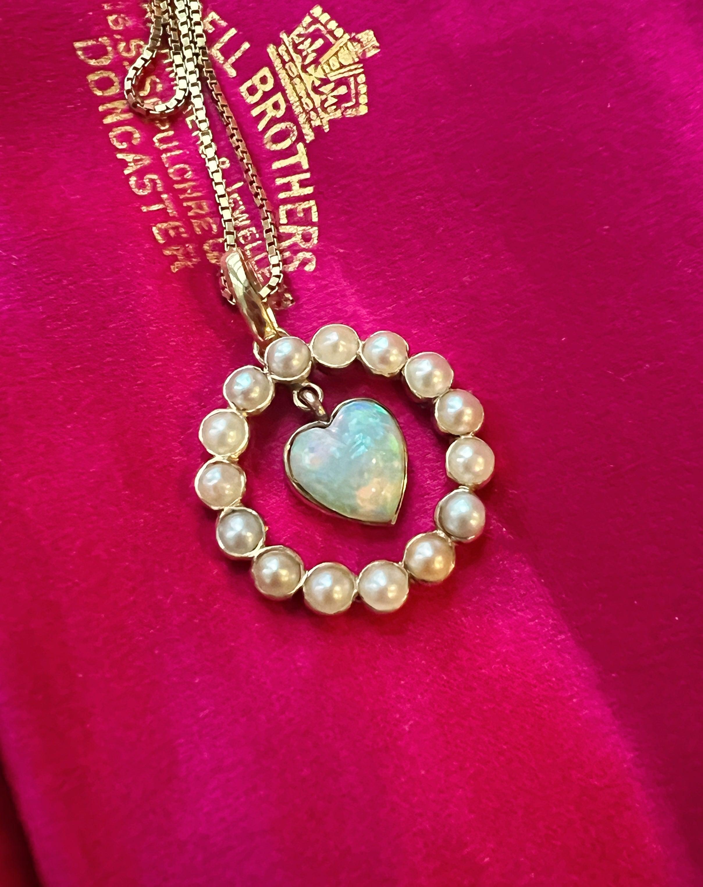 Sweet antique 18K gold swinging opal heart pearl pendant - Curiously timeless