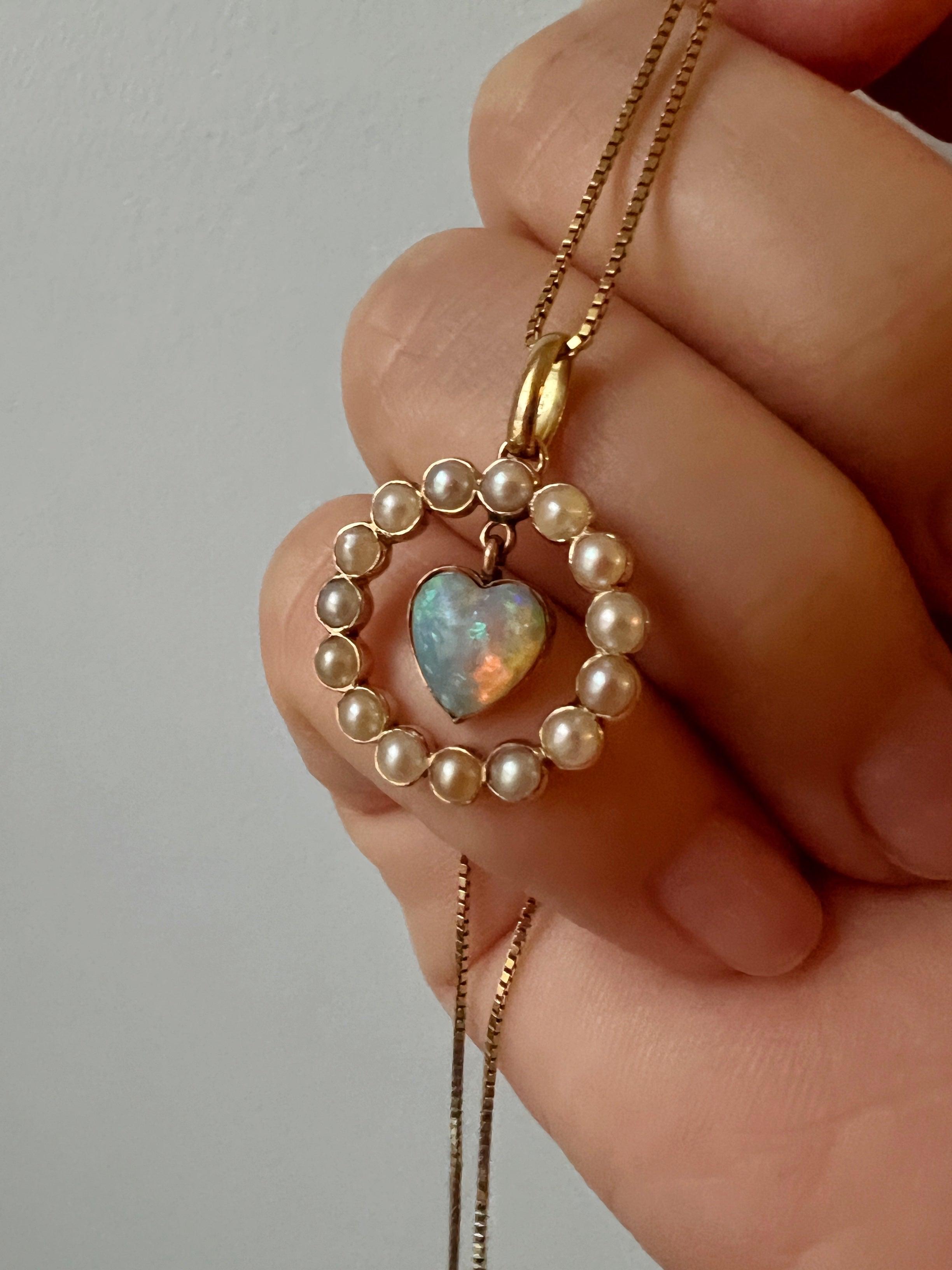 Sweet antique 18K gold swinging opal heart pearl pendant - Curiously timeless