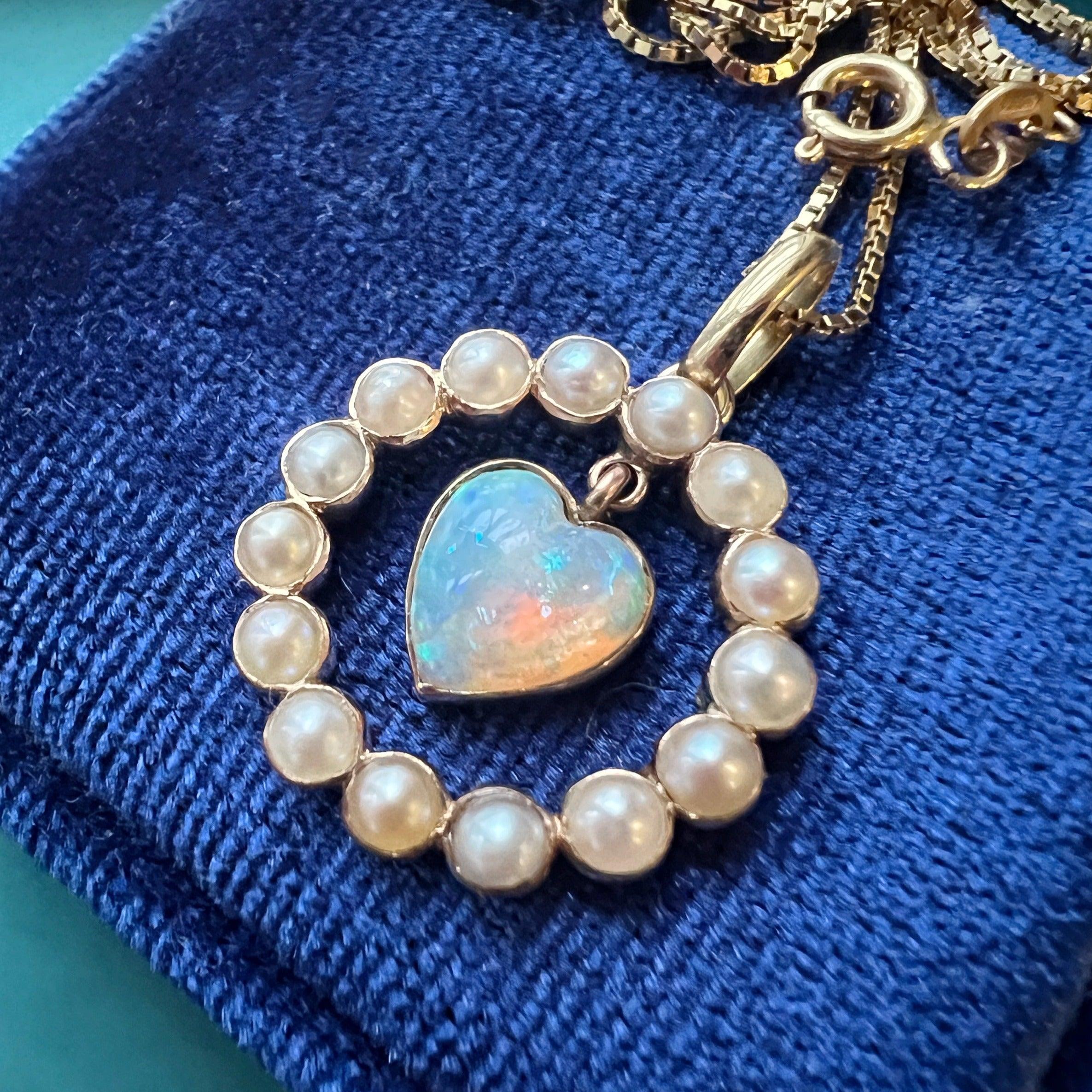 Sweet antique 18K gold swinging opal heart pearl pendant - Curiously timeless