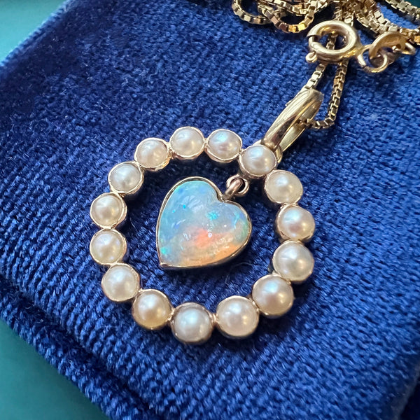 Sweet antique 18K gold swinging opal heart pearl pendant