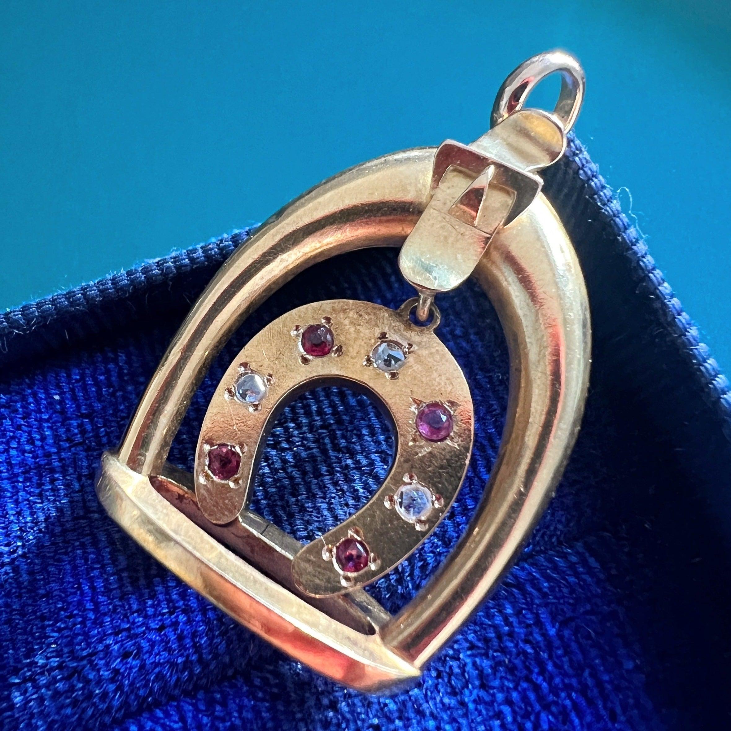 Victorian era 18K gold diamond ruby horseshoe pendant - Curiously timeless