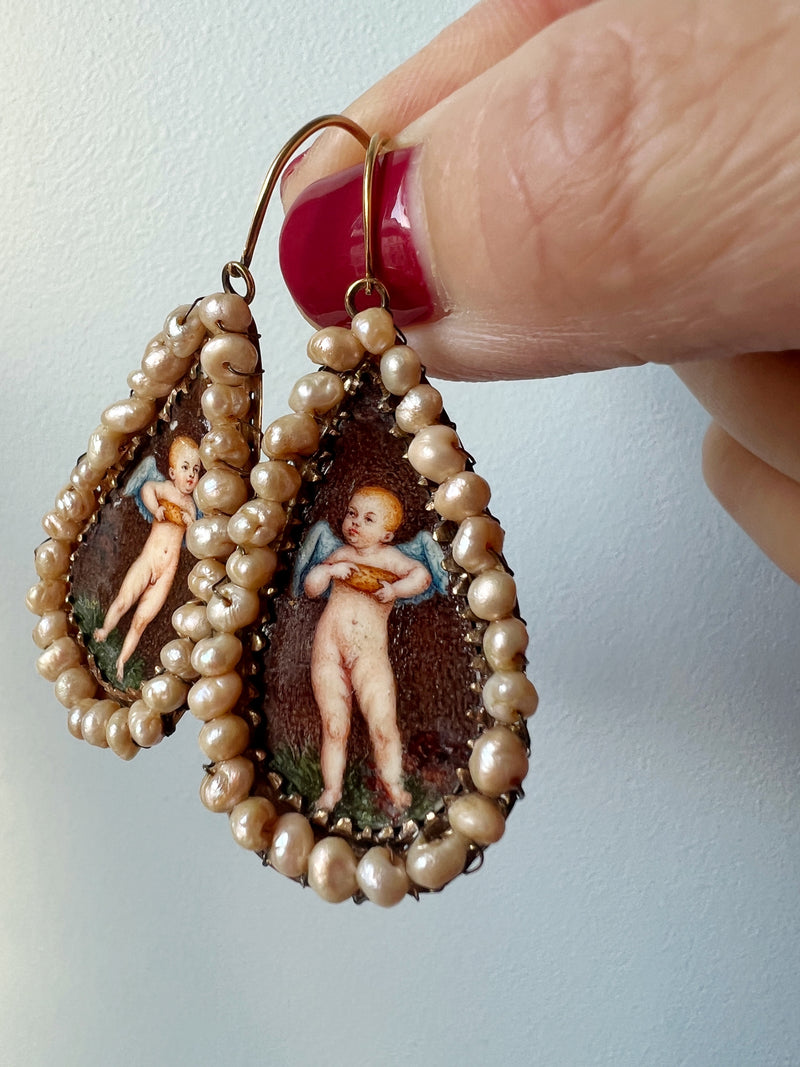 Exceptional antique 14k gold Italian natural pearl cherub angel earrings