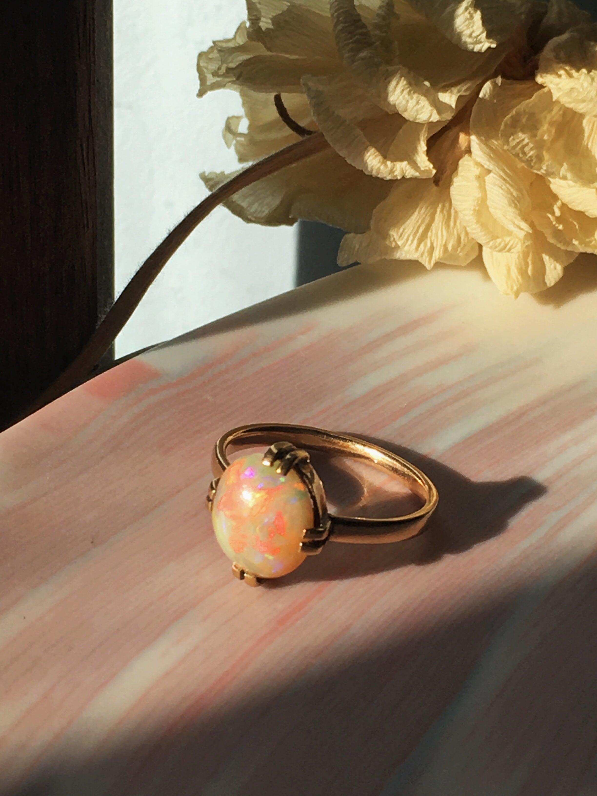 Magic rainbow 14k yellow gold opal cabochon solitaire ring - Curiously timeless