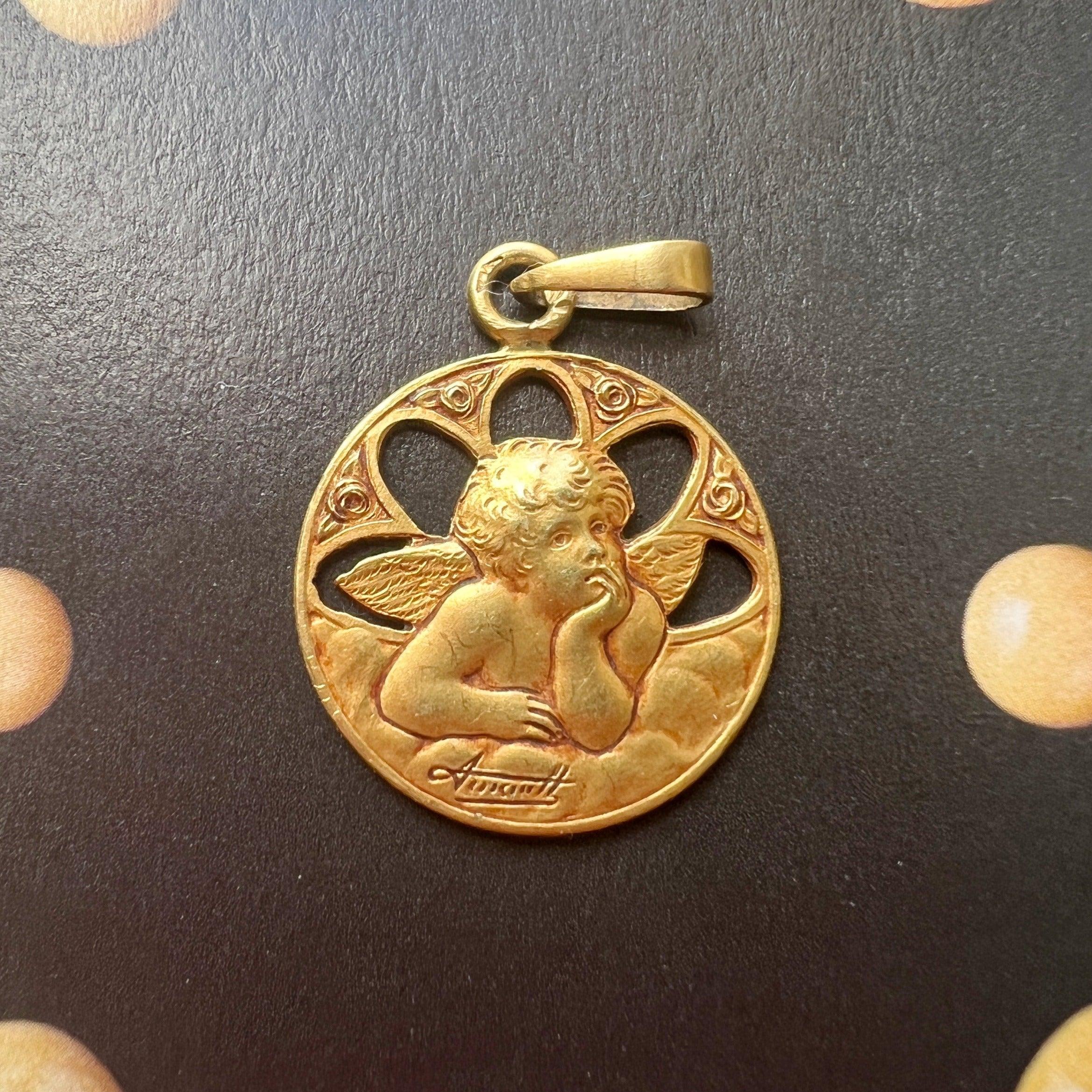 French Art Deco era 18K gold Angel Raphael singed medal - Curiously timeless