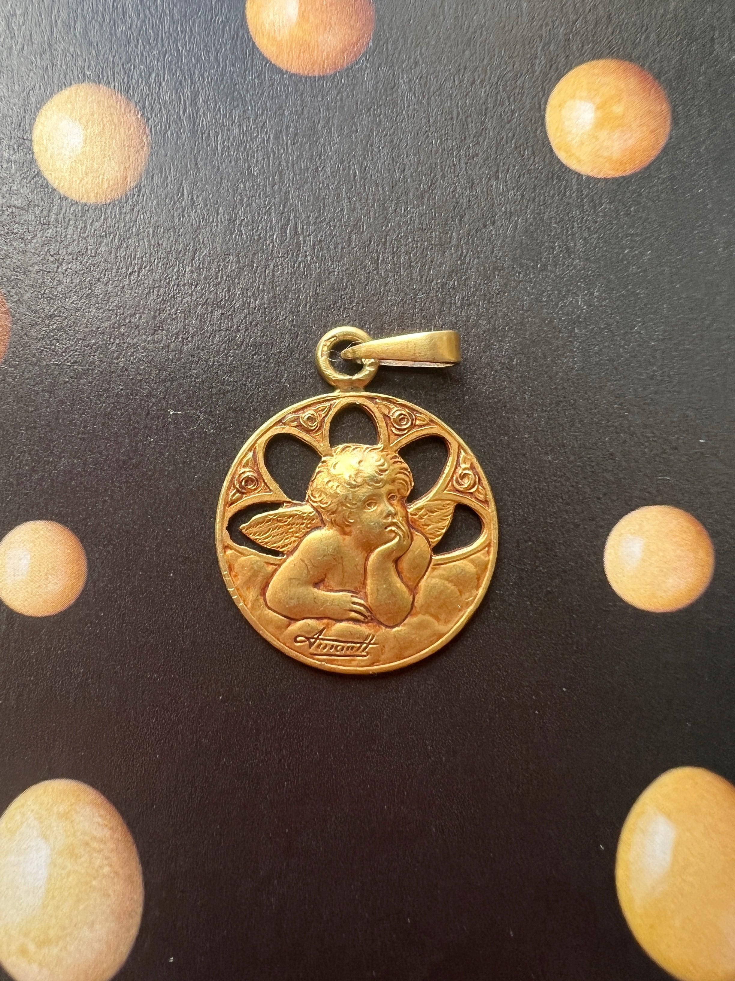 French Art Deco era 18K gold Angel Raphael singed medal - Curiously timeless