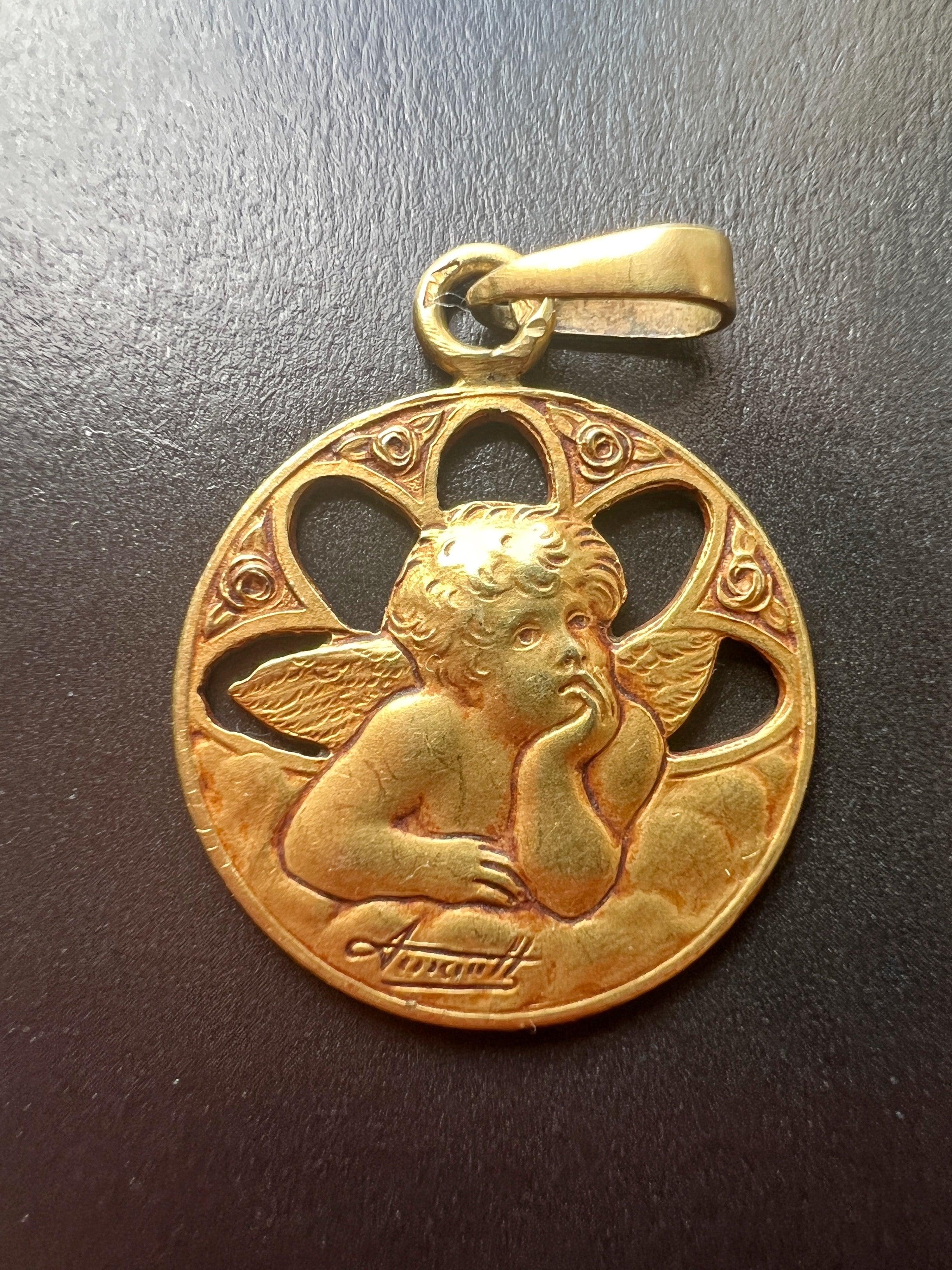 French Art Deco era 18K gold Angel Raphael singed medal - Curiously timeless