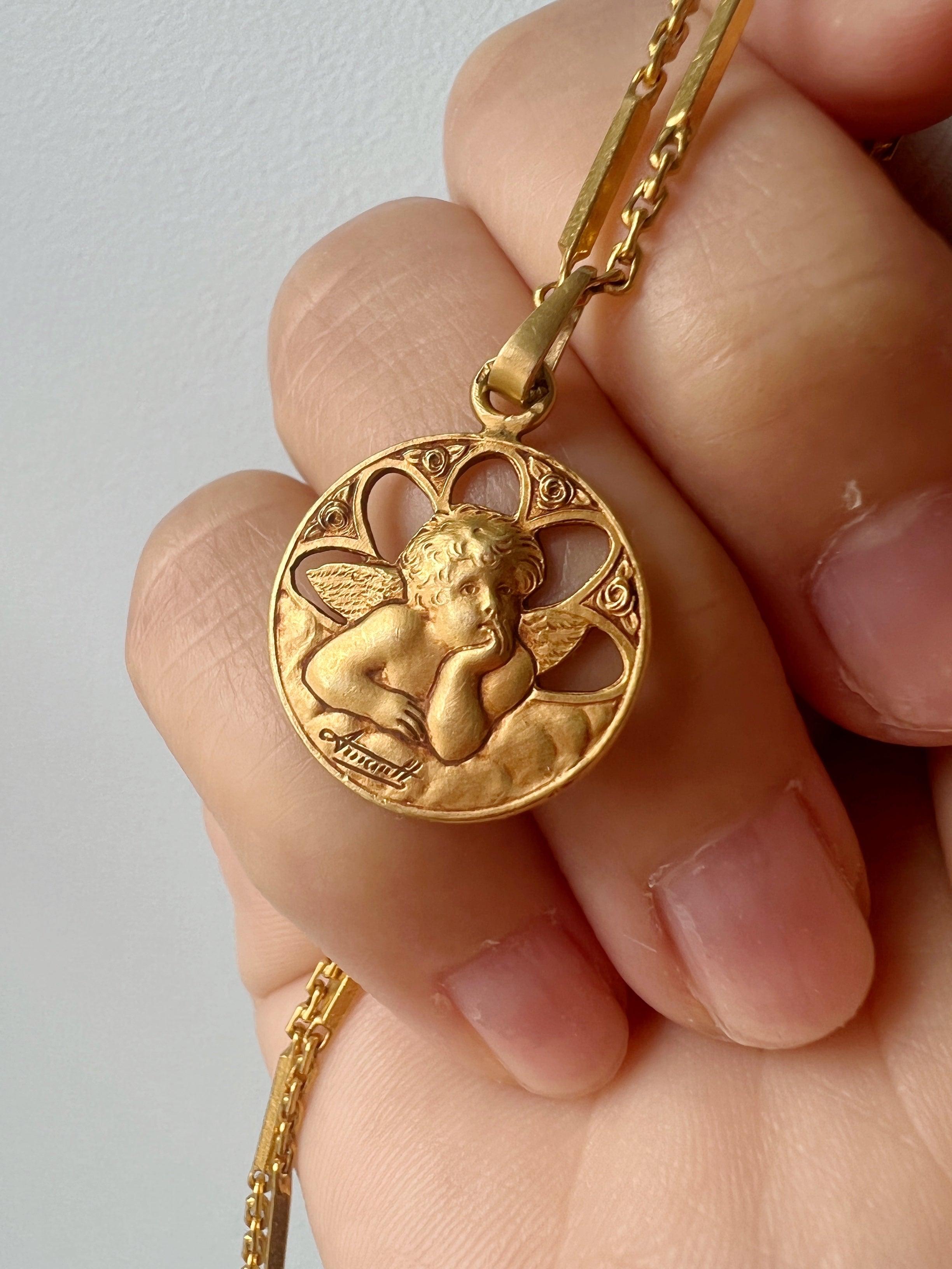 French Art Deco era 18K gold Angel Raphael singed medal - Curiously timeless