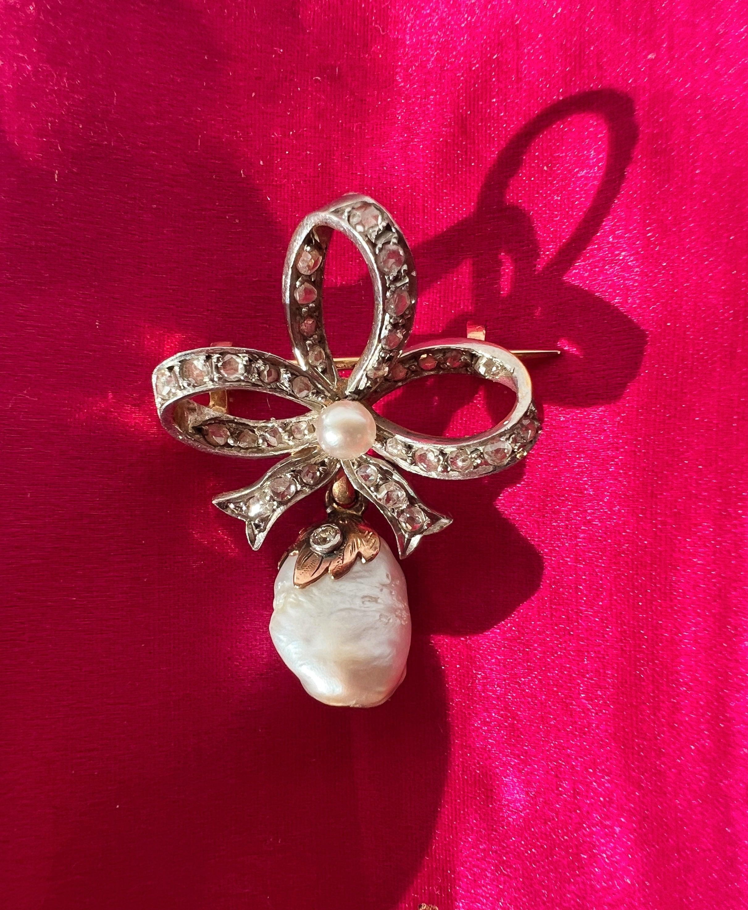 Antique 18K gold LFG certified natural pearl diamond bow brooch - Curiously timeless