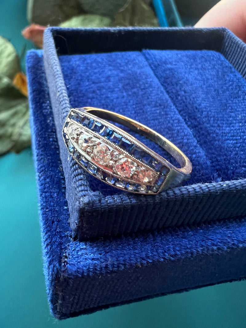 Art Deco 18K gold blue sapphire diamond band ring