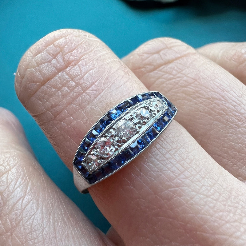 Art Deco 18K gold blue sapphire diamond band ring