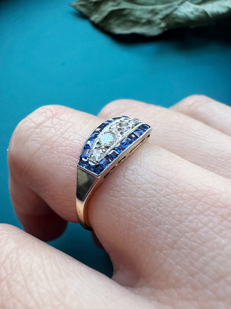 Art Deco 18K gold blue sapphire diamond band ring