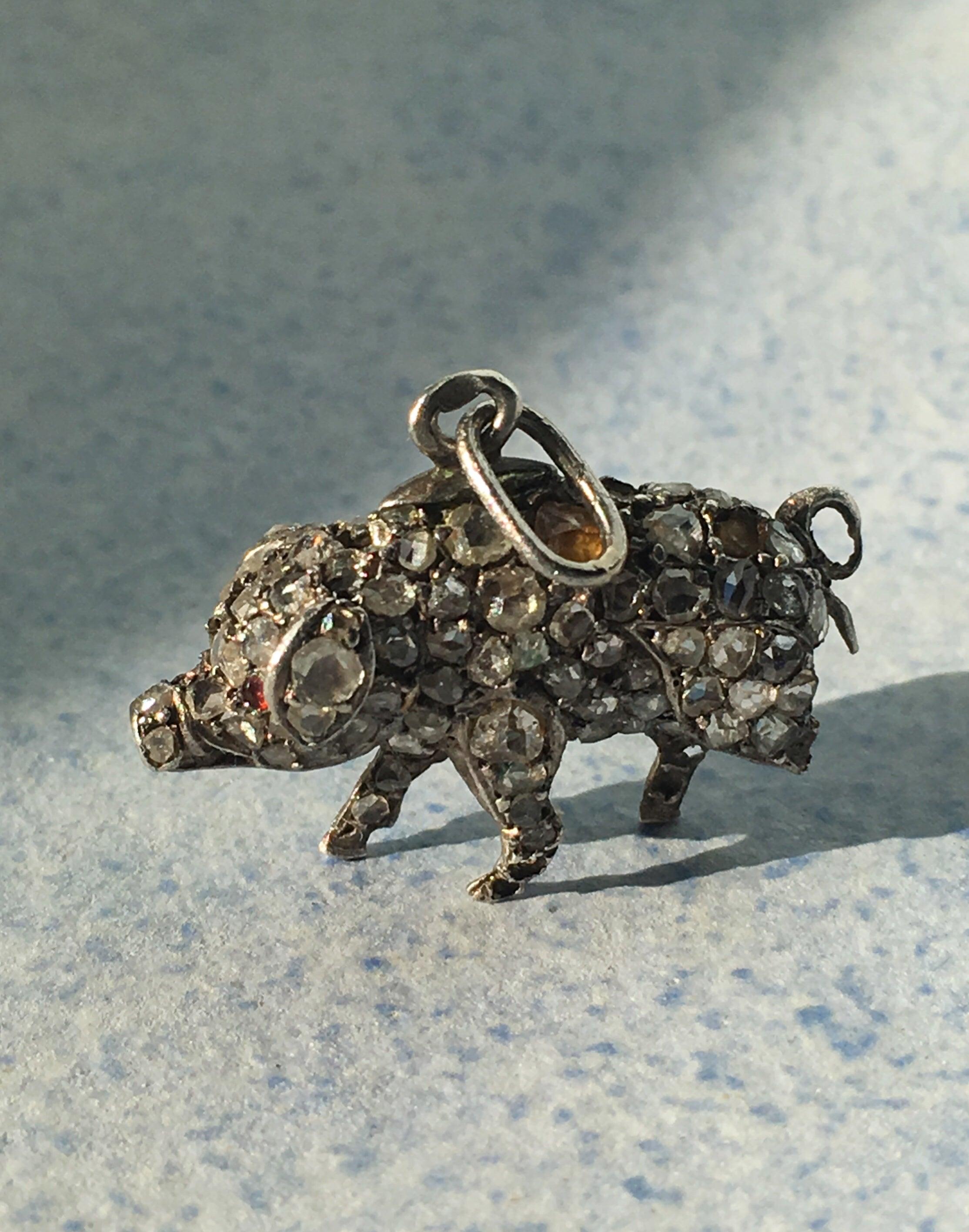 Rare Victorian rose cut diamond piggy good luck amulet pendant - Curiously timeless