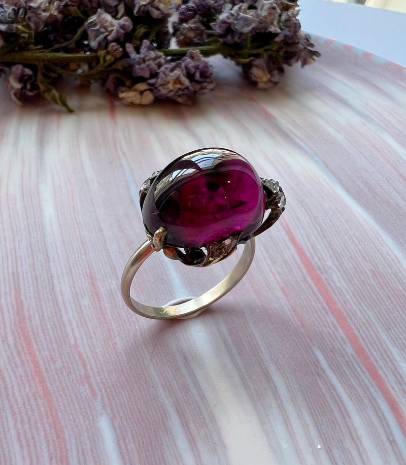 French antique garnet rose cut diamond 18K gold floral ring