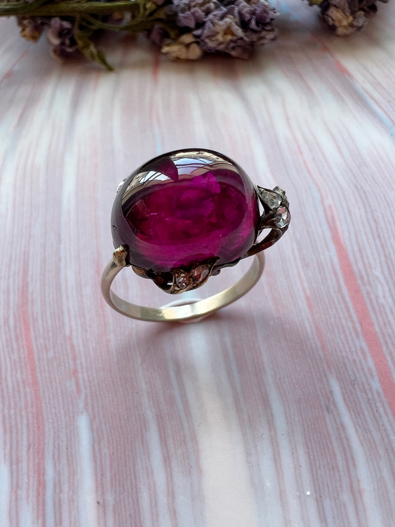 French antique garnet rose cut diamond 18K gold floral ring