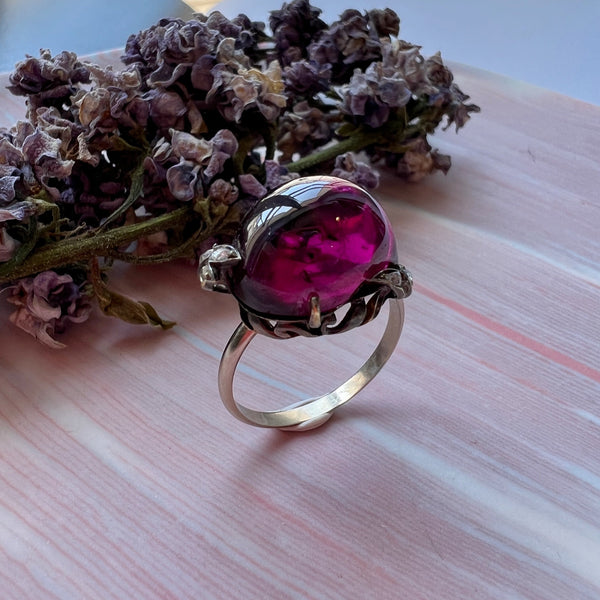 French antique garnet rose cut diamond 18K gold floral ring