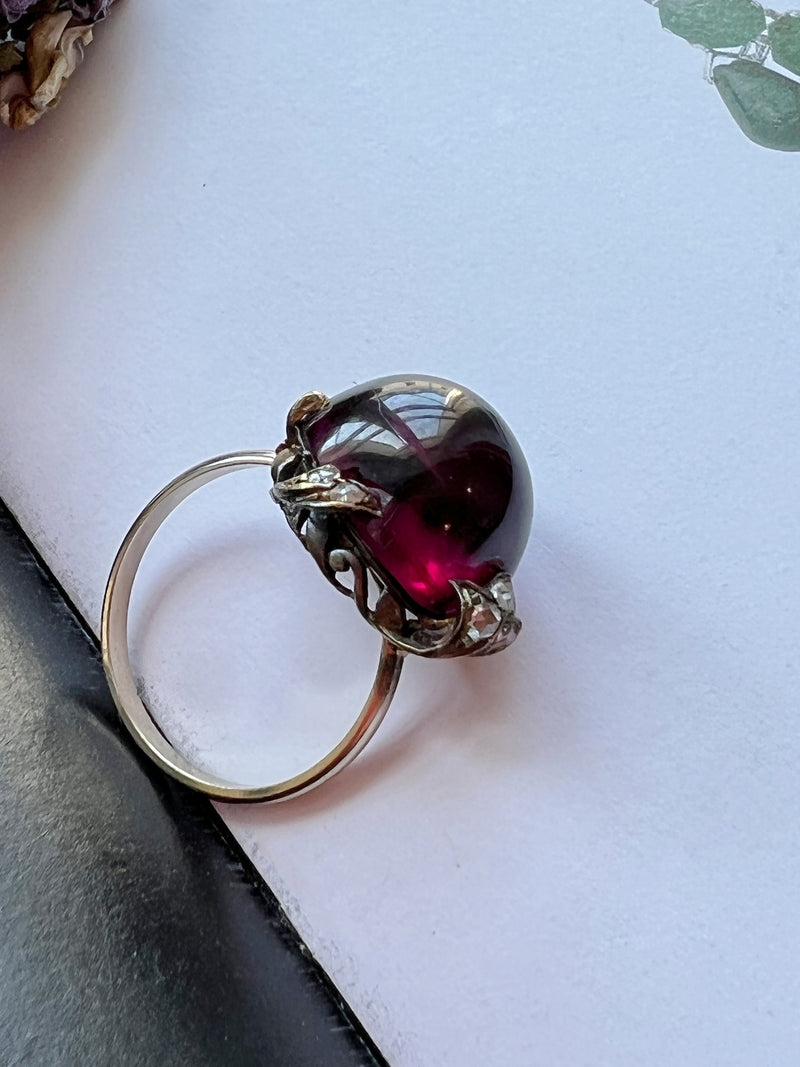 French antique garnet rose cut diamond 18K gold floral ring