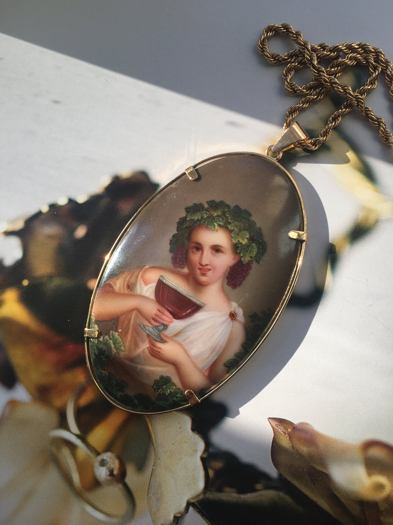 Impressive French antique 18K gold Bacchus miniature portrait pendant