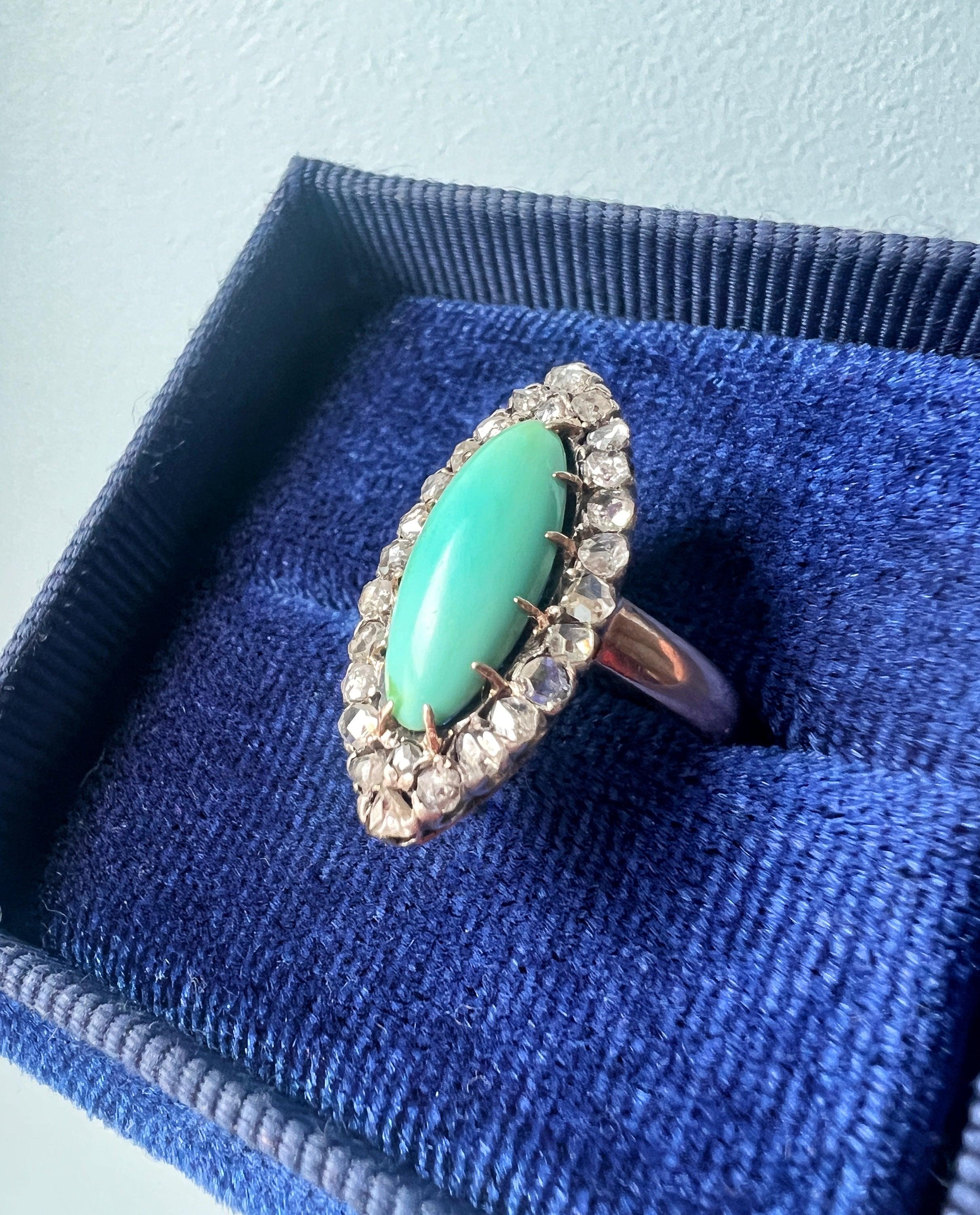 Victorian era 18K gold turquoise diamond marquise ring - Curiously timeless