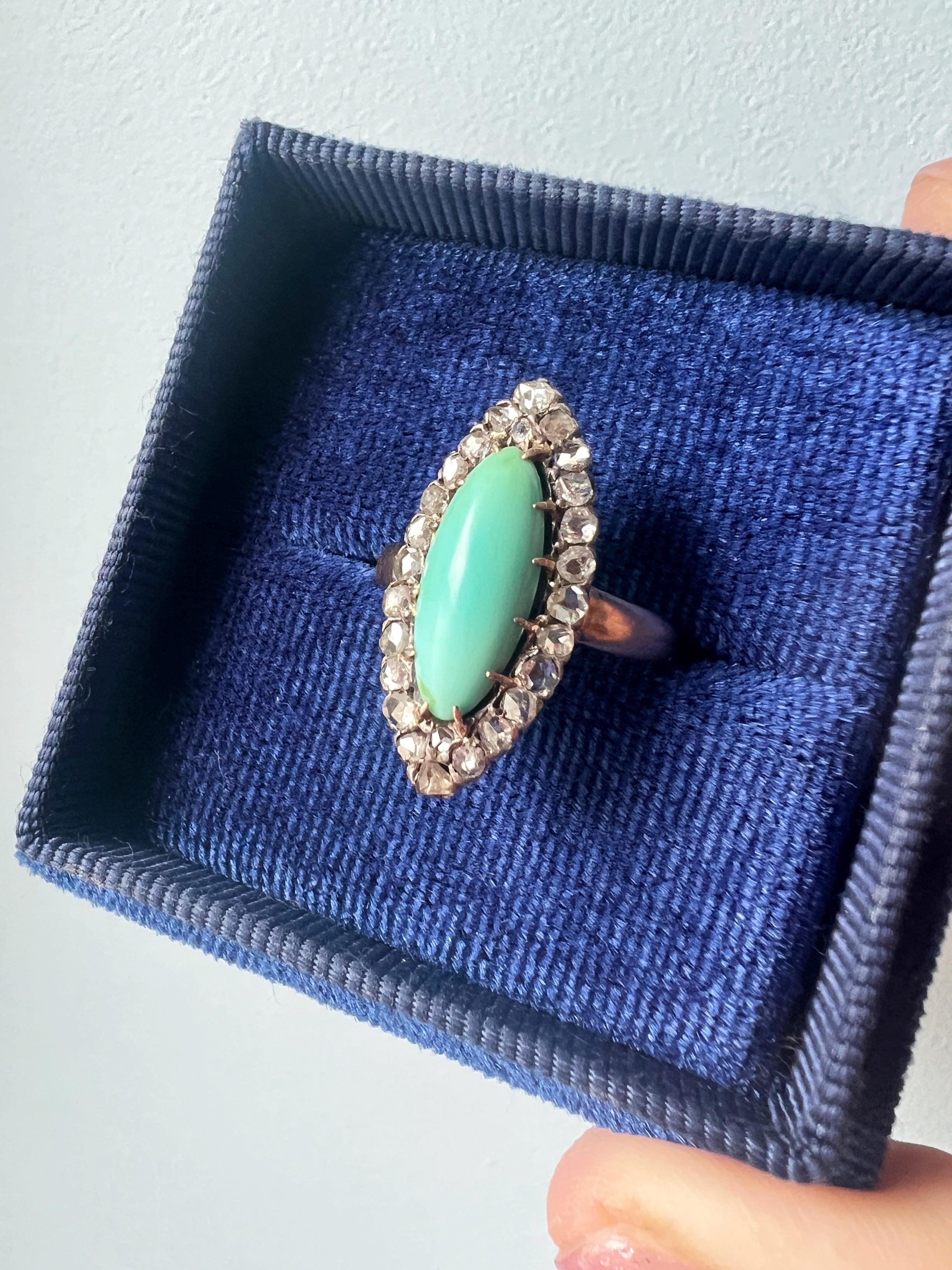 Victorian era 18K gold turquoise diamond marquise ring - Curiously timeless