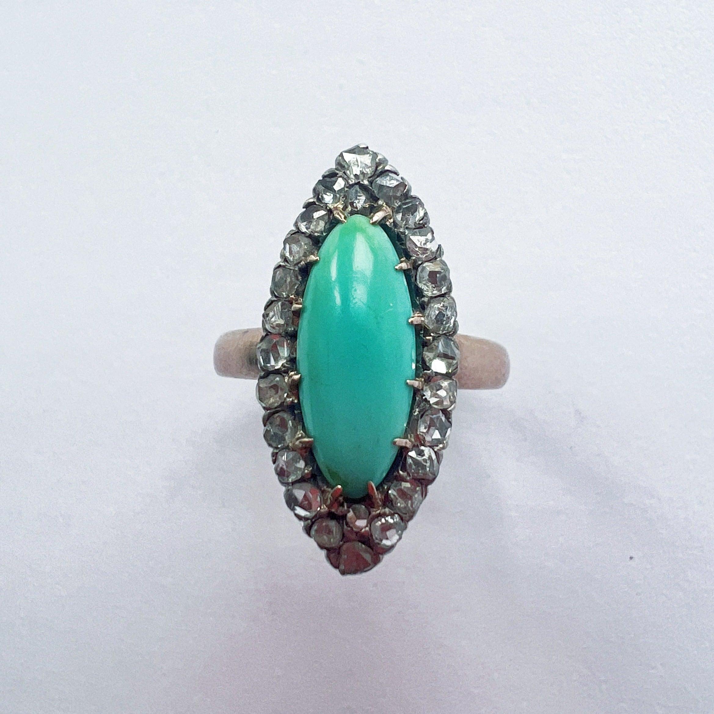 Victorian era 18K gold turquoise diamond marquise ring - Curiously timeless