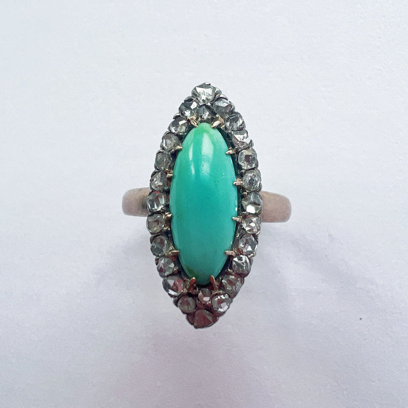 Victorian era 18K gold turquoise diamond marquise ring