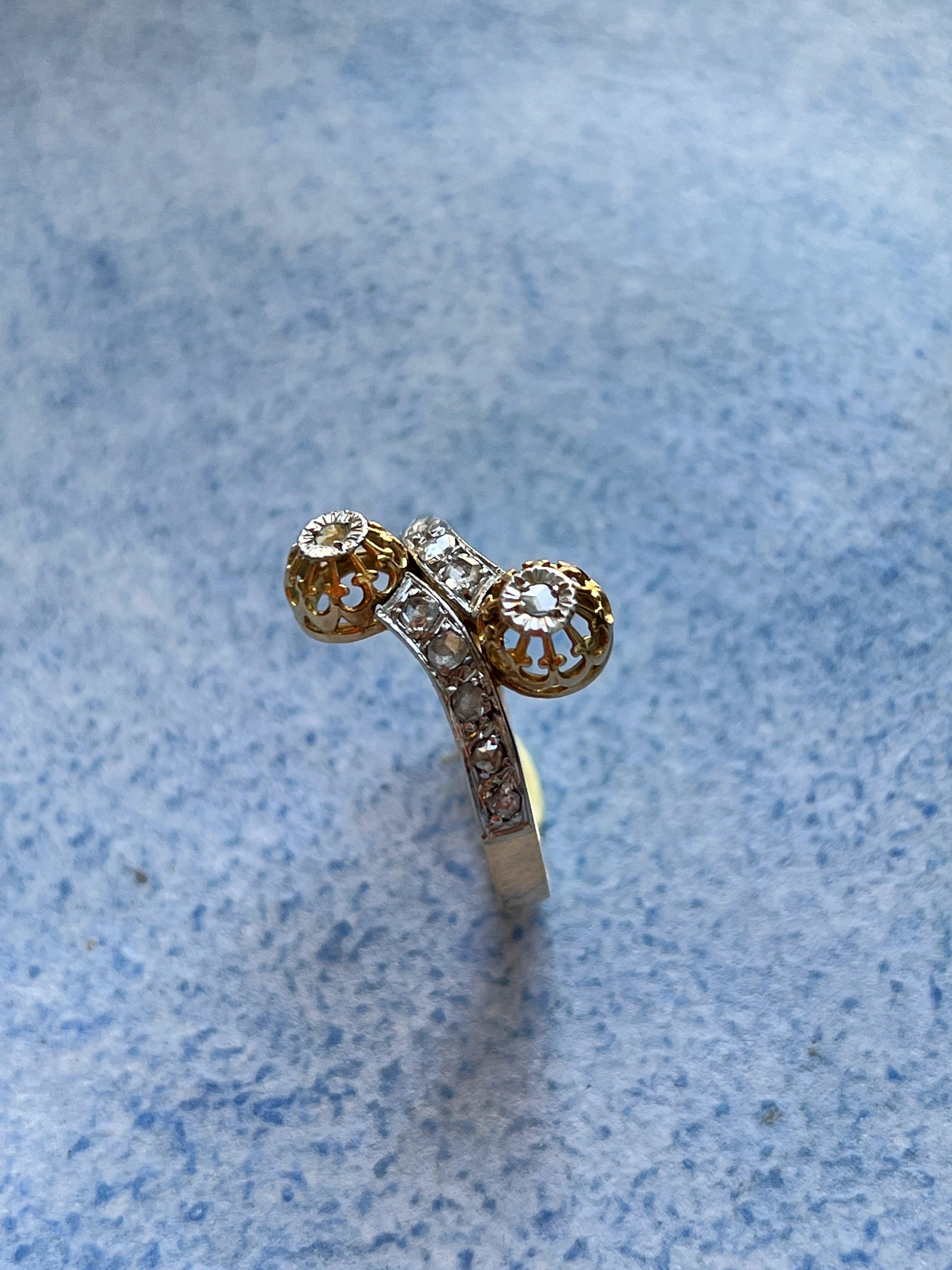 French 18K gold rose cut diamond by cross You and Me ring - Curiously timeless