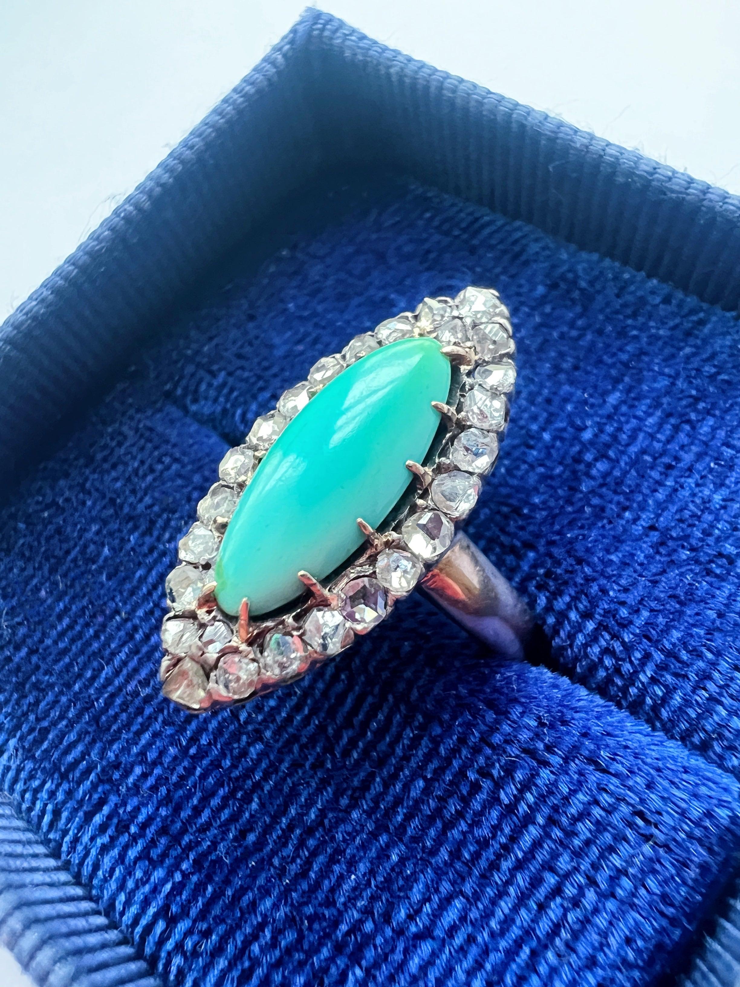 Victorian era 18K gold turquoise diamond marquise ring - Curiously timeless