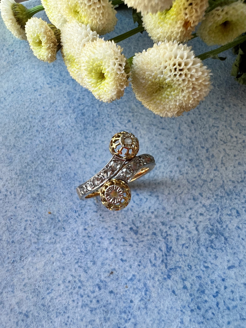 French 18K gold rose cut diamond by cross You and Me ring