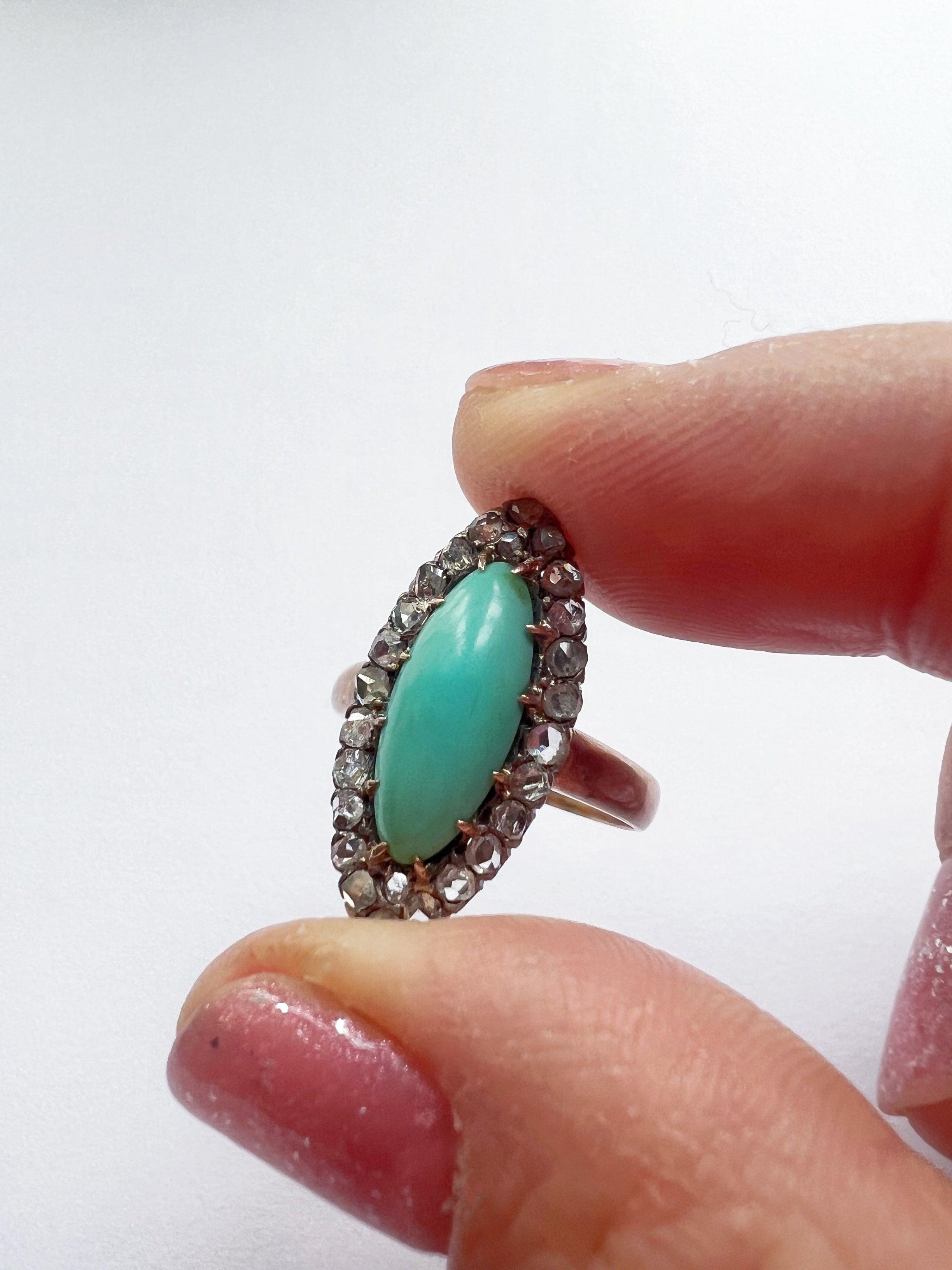 Victorian era 18K gold turquoise diamond marquise ring - Curiously timeless