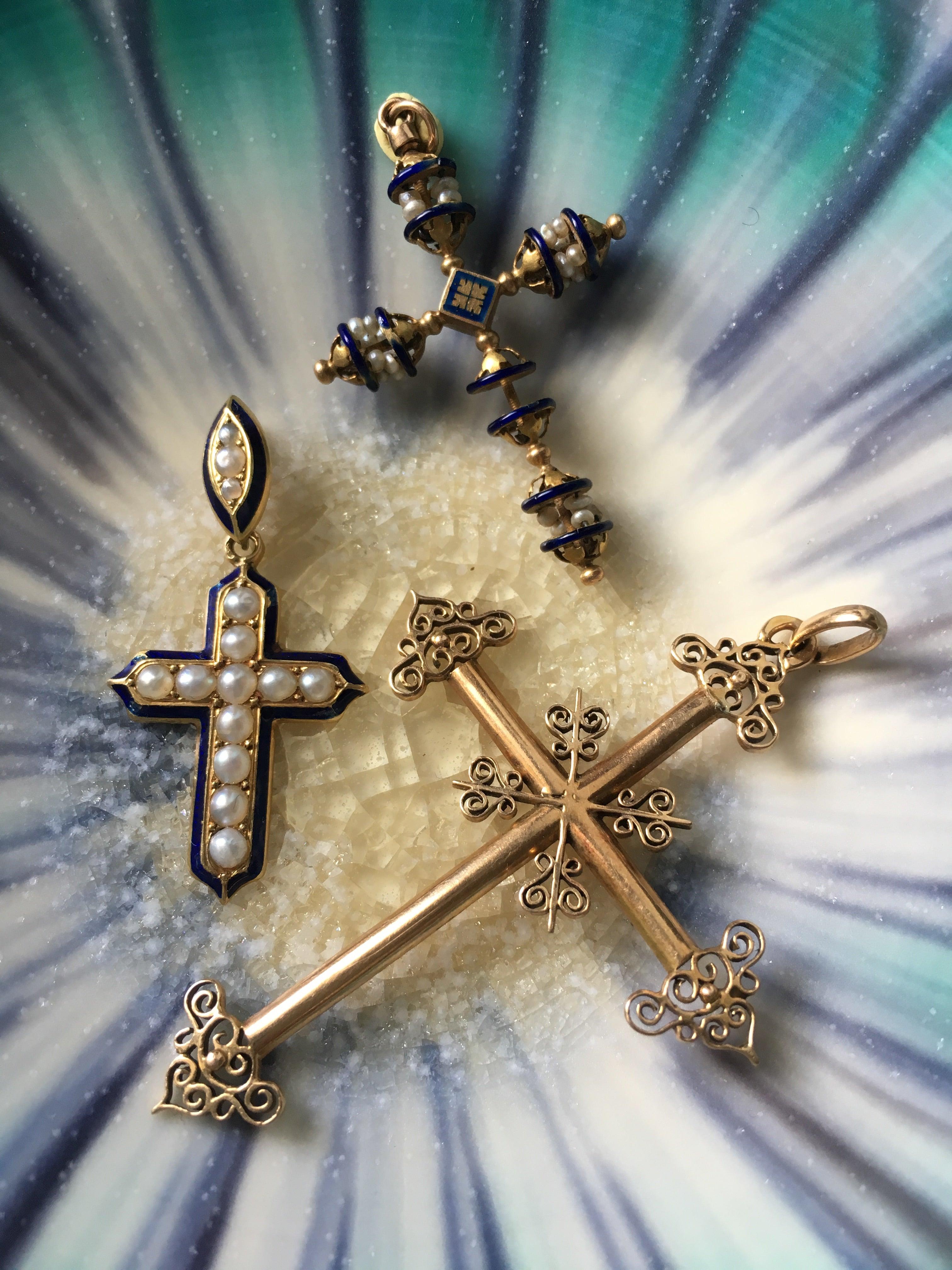 Elegant French Antique 18K gold blue enameled pearl cross pendant - Curiously timeless