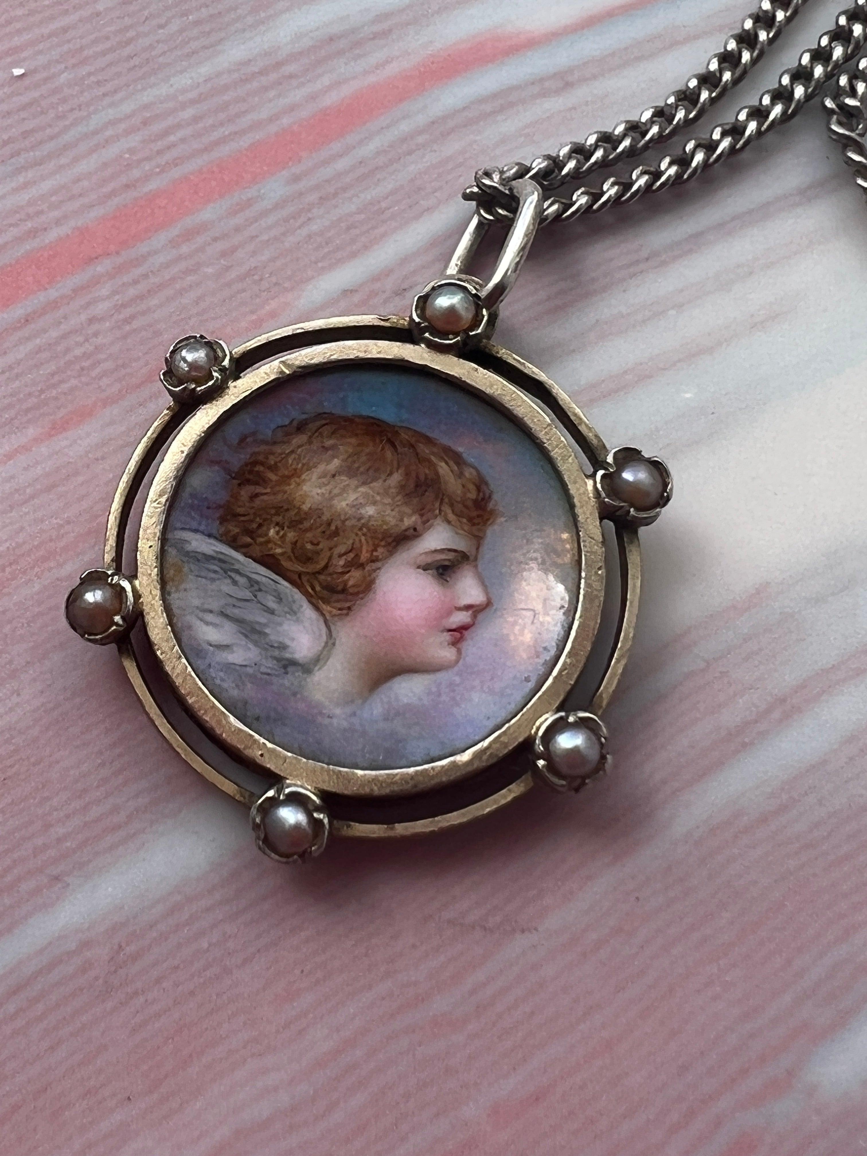 French antique enameled Angel pearl pendant necklace - Curiously timeless