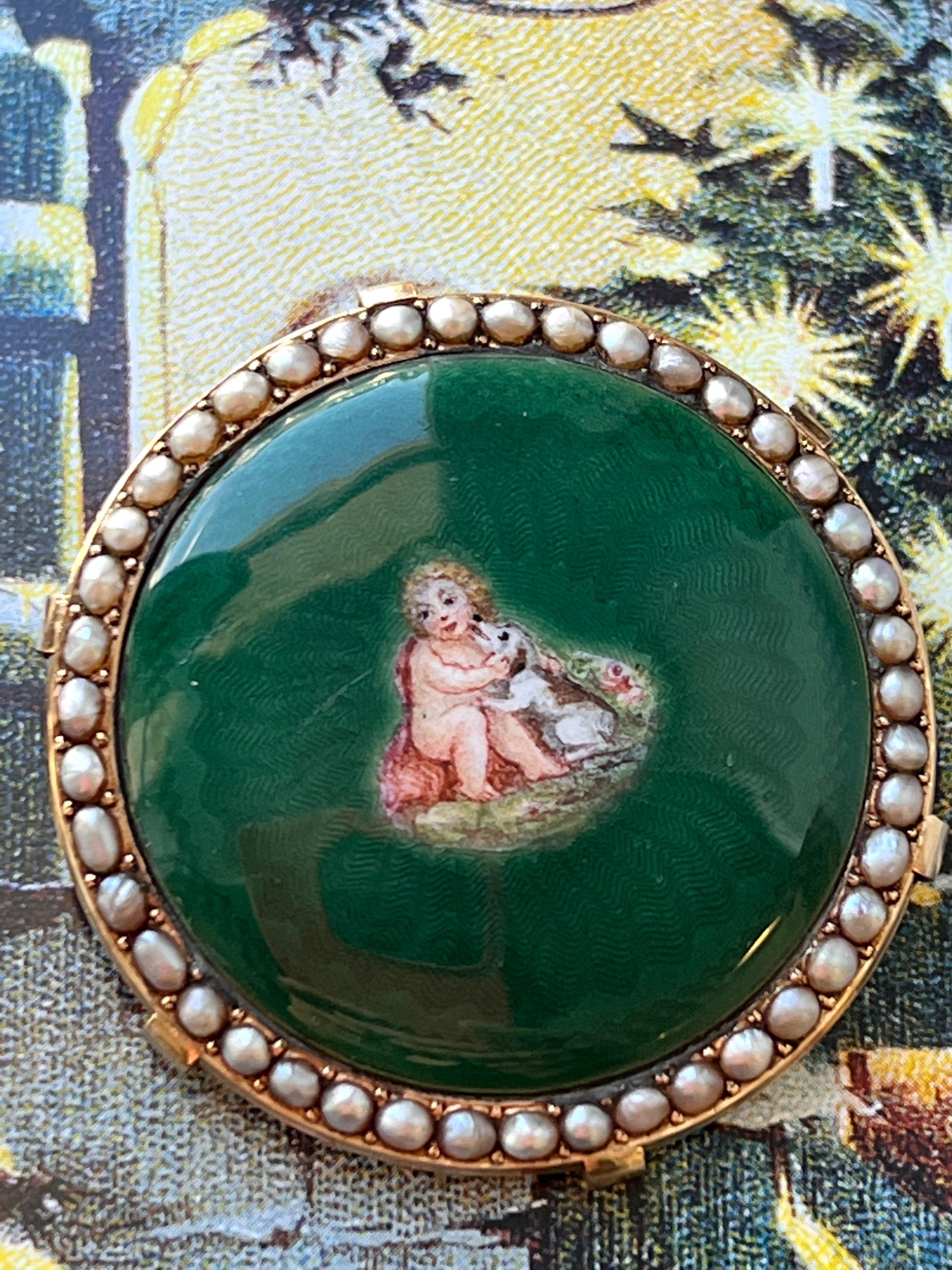 Heartwarming French Antique cherub with dog enameled portrait 18K gold pearl brooch - Curiously timeless