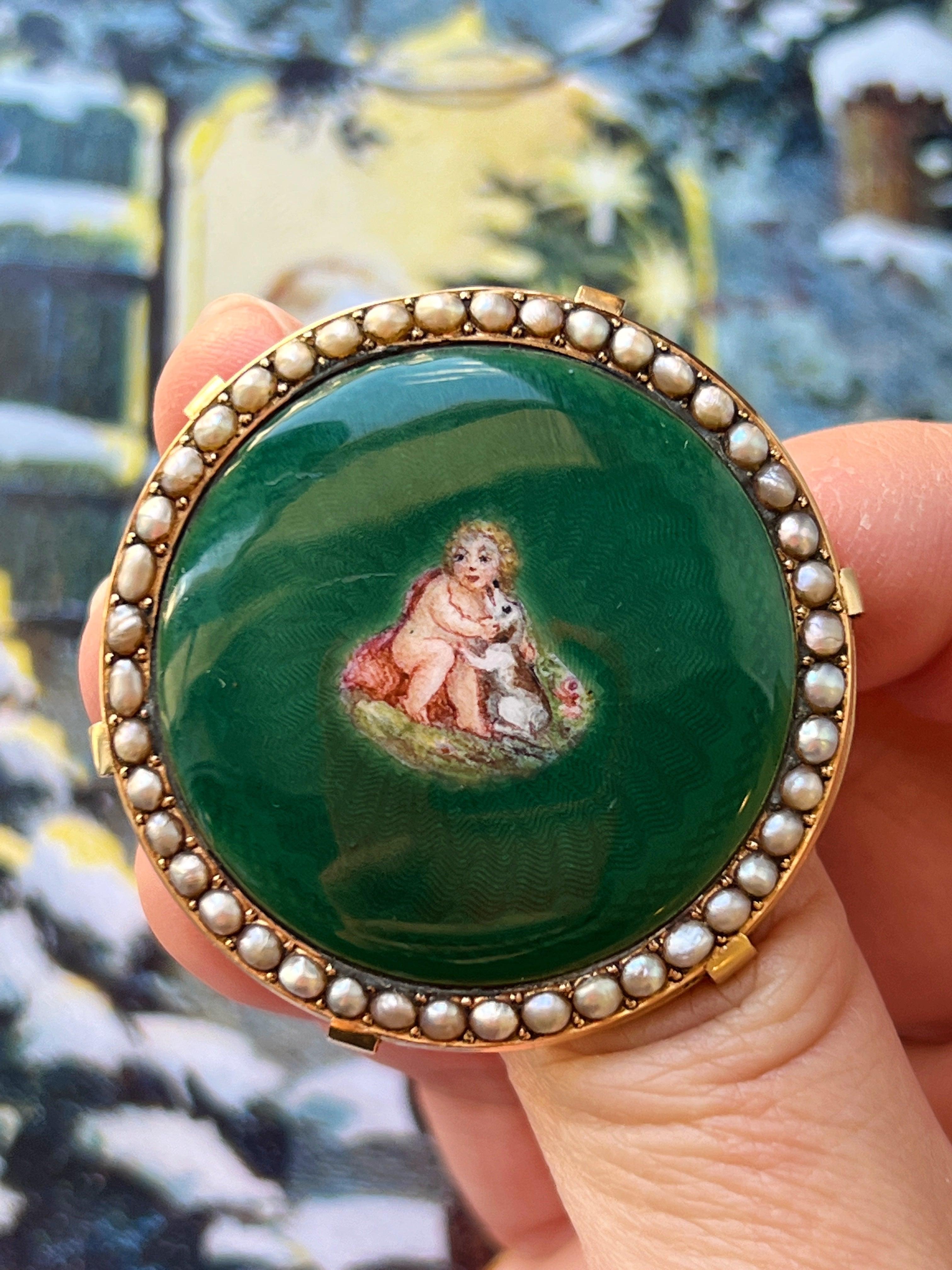 Heartwarming French Antique cherub with dog enameled portrait 18K gold pearl brooch - Curiously timeless