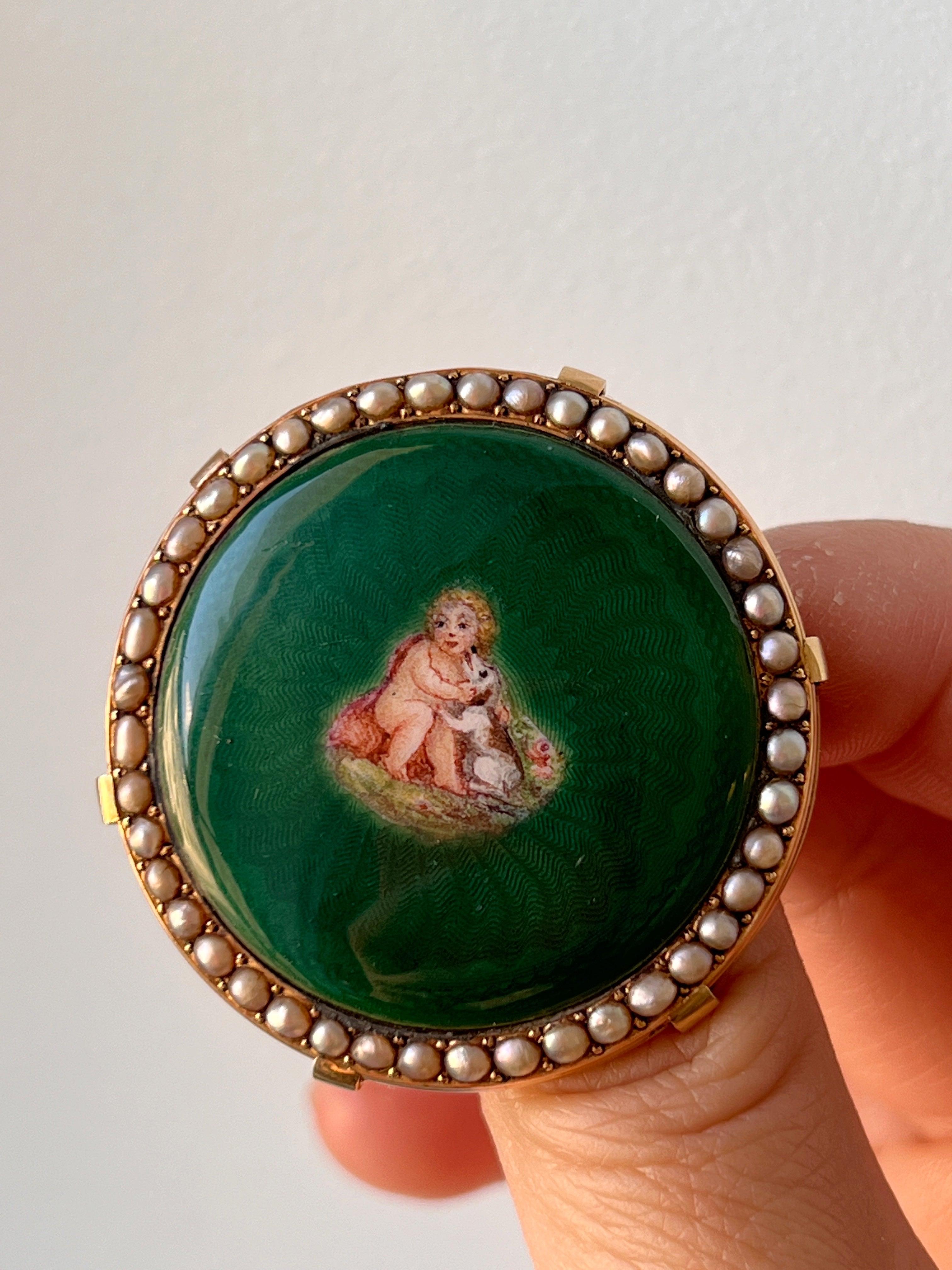 Heartwarming French Antique cherub with dog enameled portrait 18K gold pearl brooch - Curiously timeless