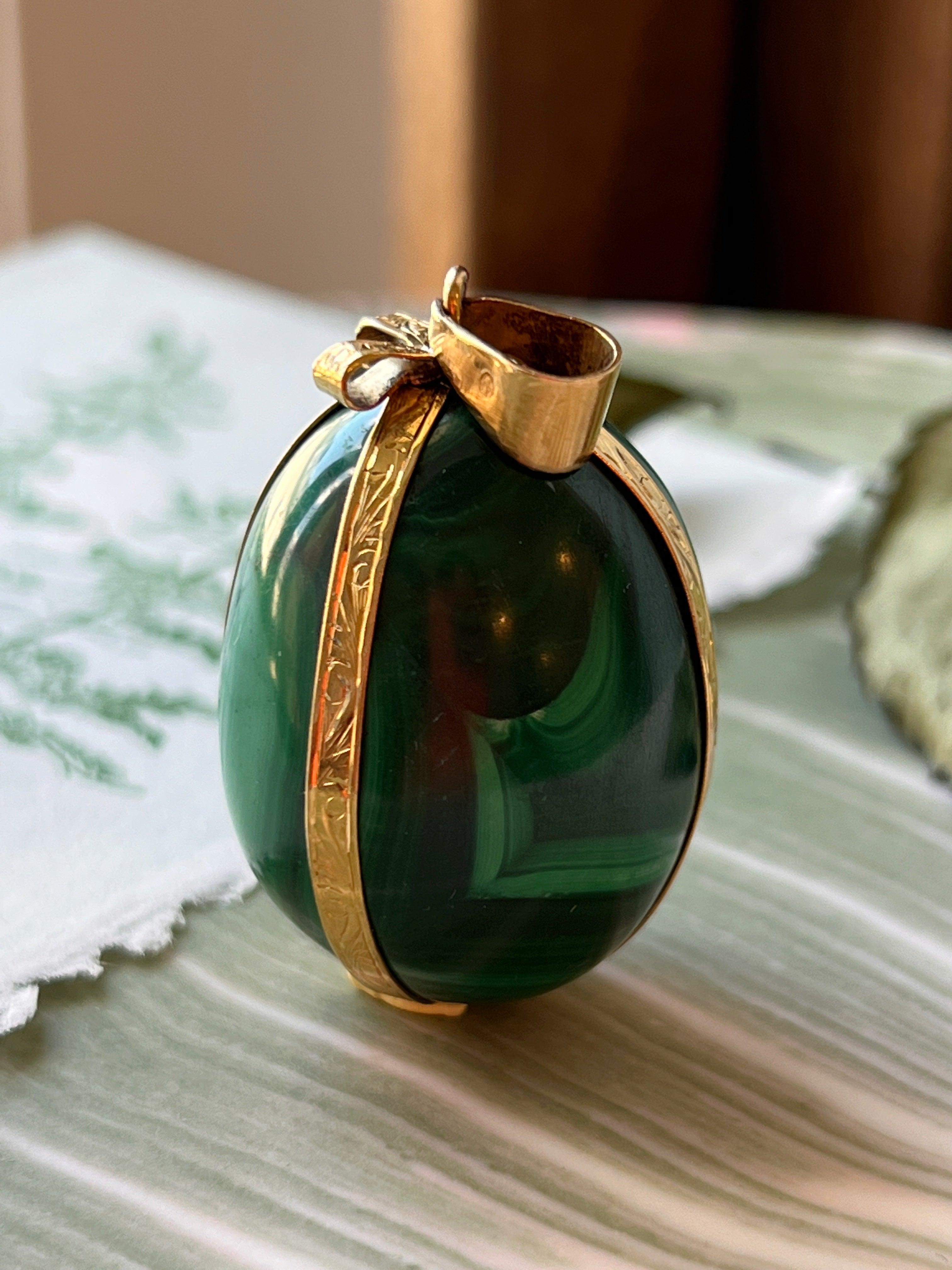 Magnificent bejeweled French antique 18K gold malachite ribbon egg pendant - Curiously timeless