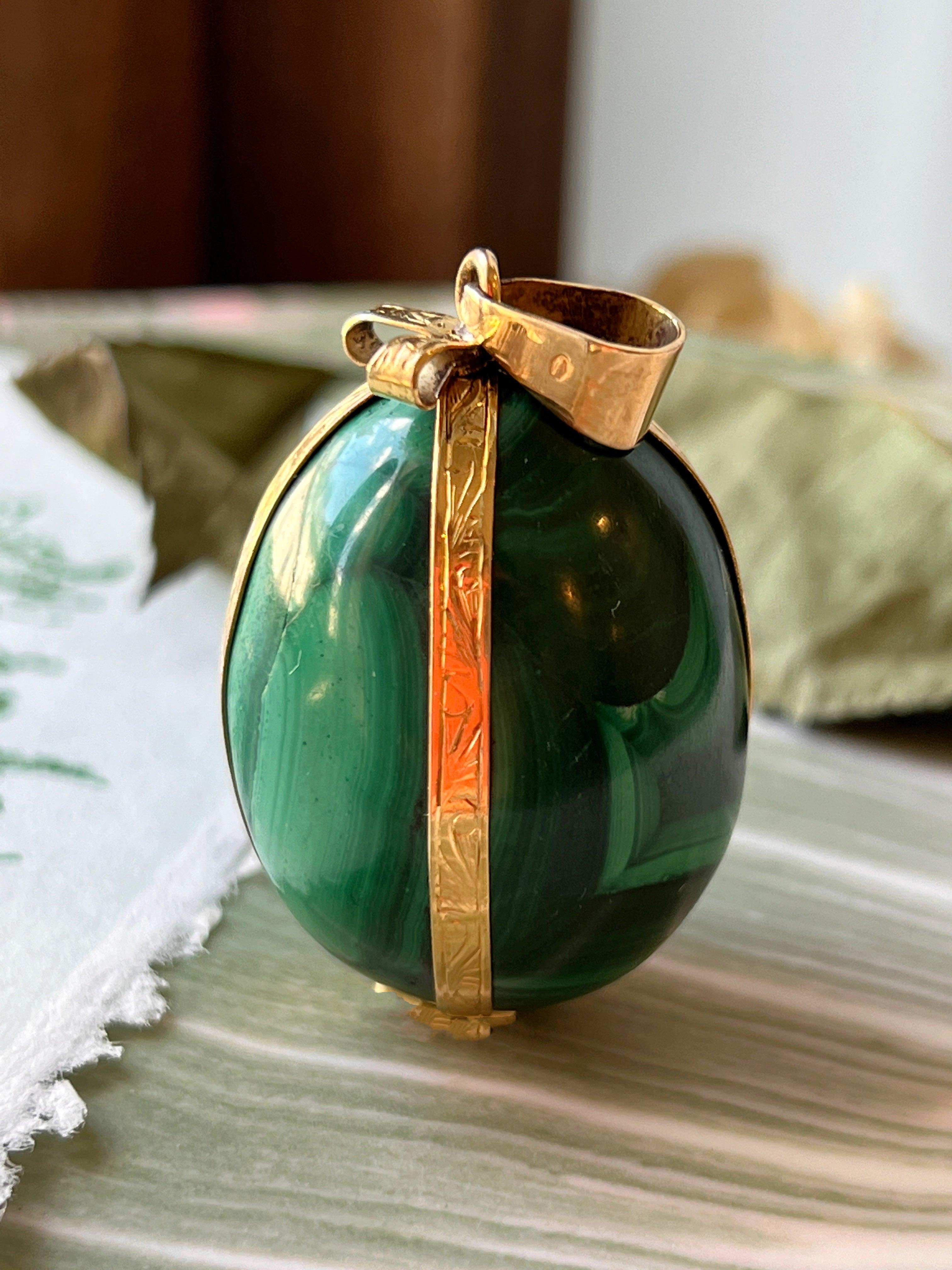 Magnificent bejeweled French antique 18K gold malachite ribbon egg pendant - Curiously timeless