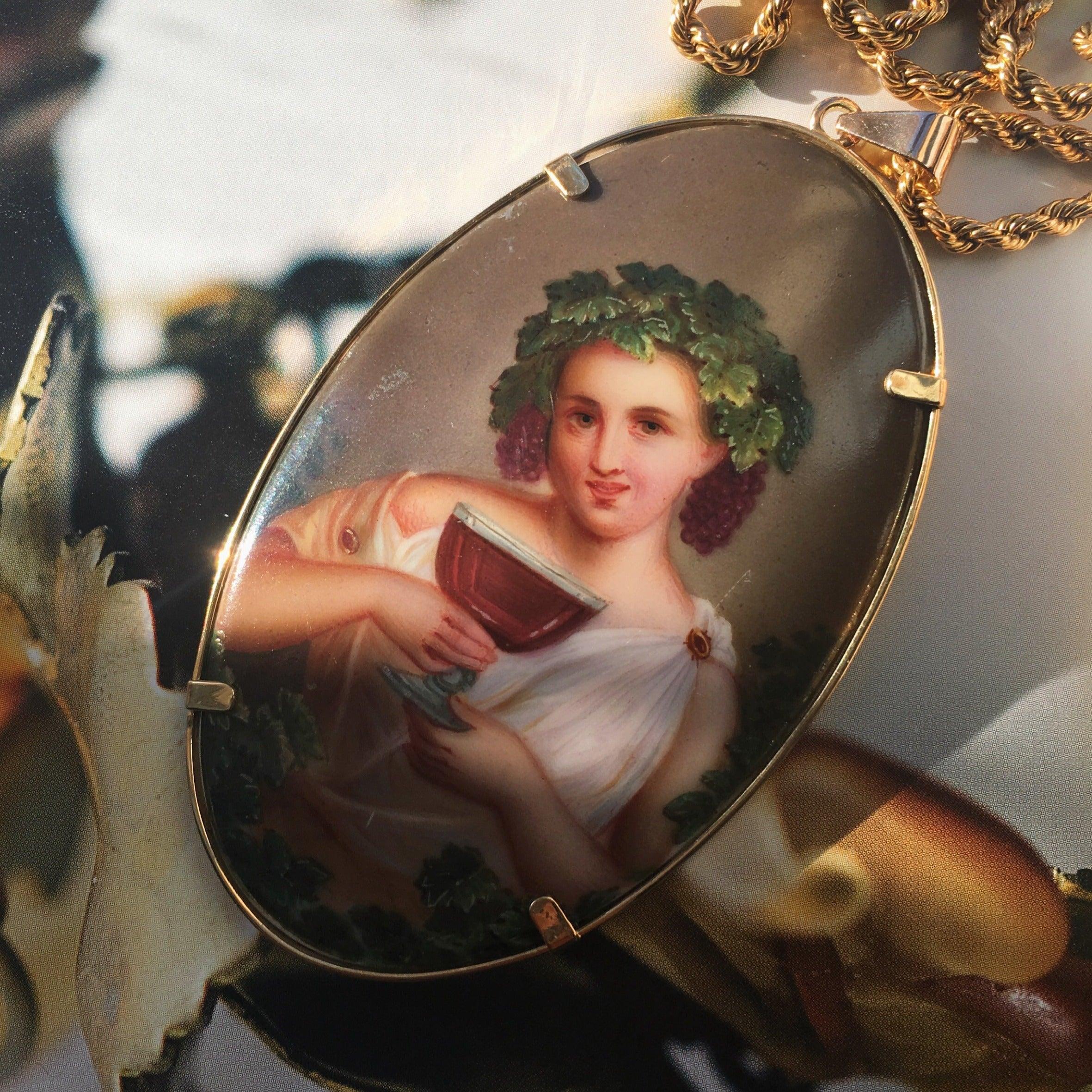 Impressive French antique 18K gold Bacchus miniature portrait pendant - Curiously timeless