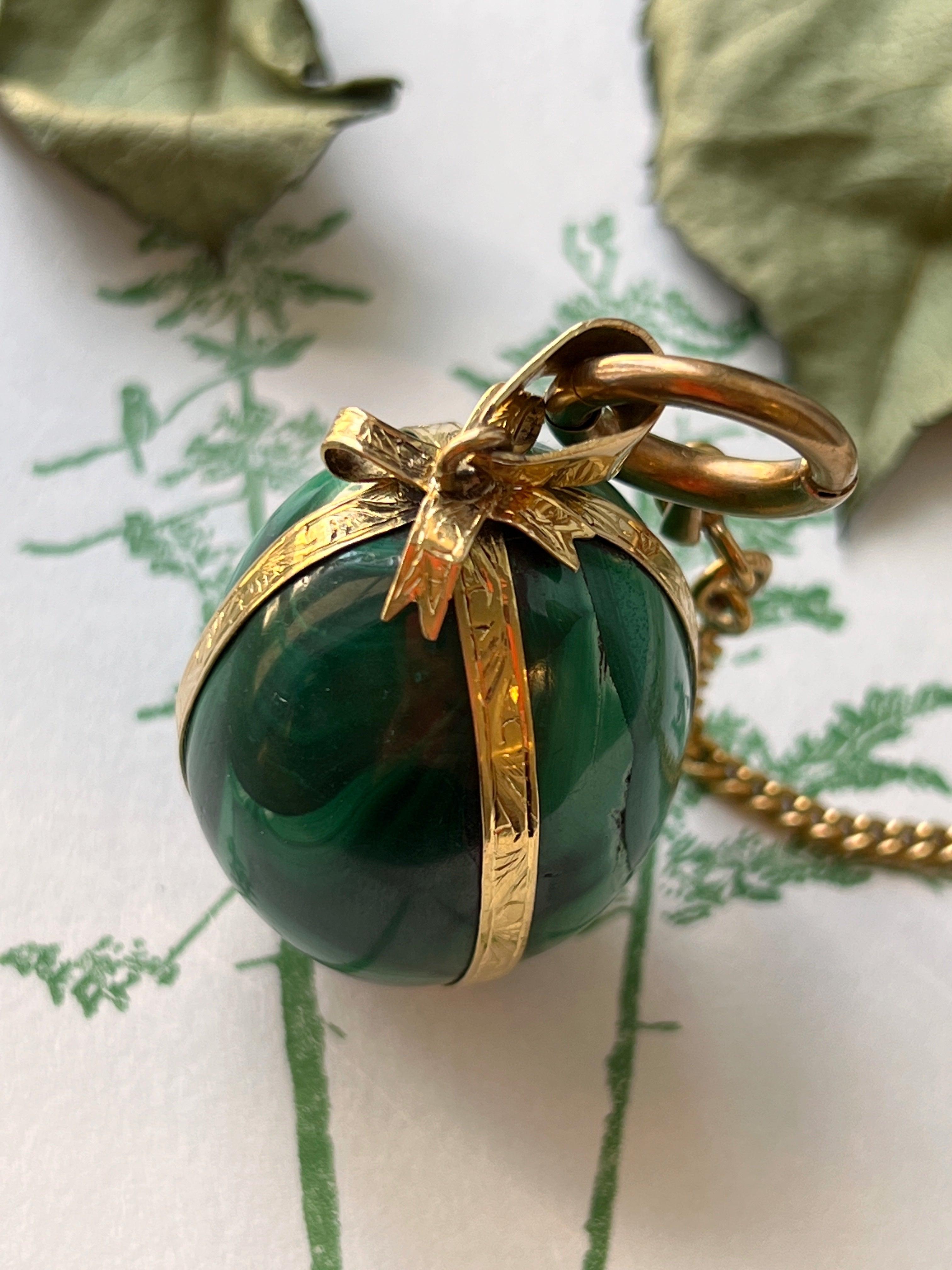 Magnificent bejeweled French antique 18K gold malachite ribbon egg pendant - Curiously timeless