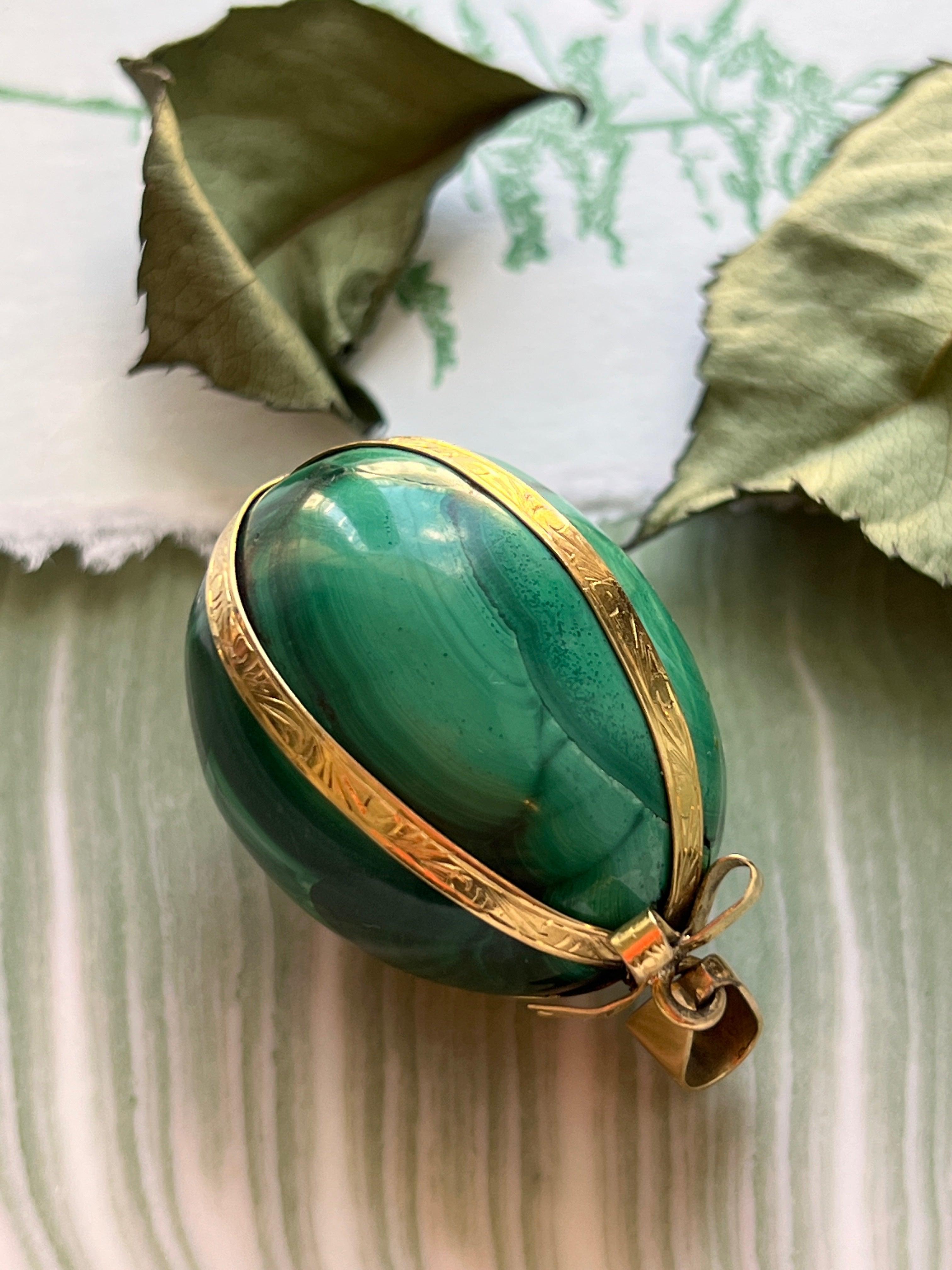 Magnificent bejeweled French antique 18K gold malachite ribbon egg pendant - Curiously timeless