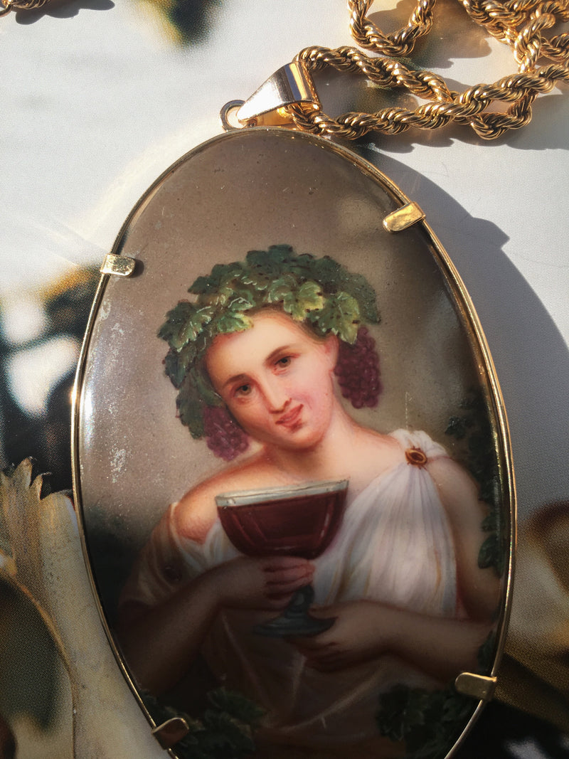 Impressive French antique 18K gold Bacchus miniature portrait pendant