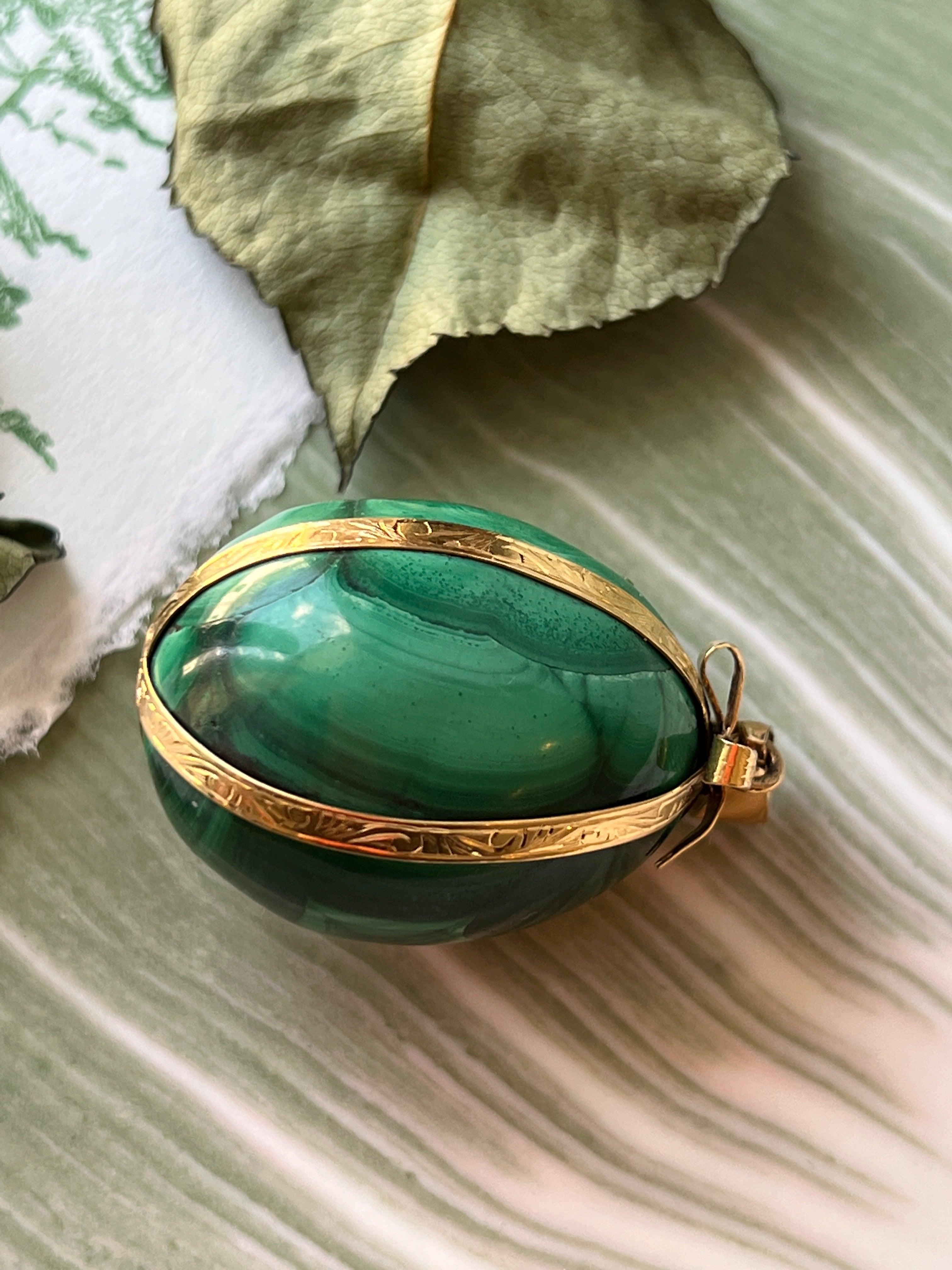 Magnificent bejeweled French antique 18K gold malachite ribbon egg pendant - Curiously timeless