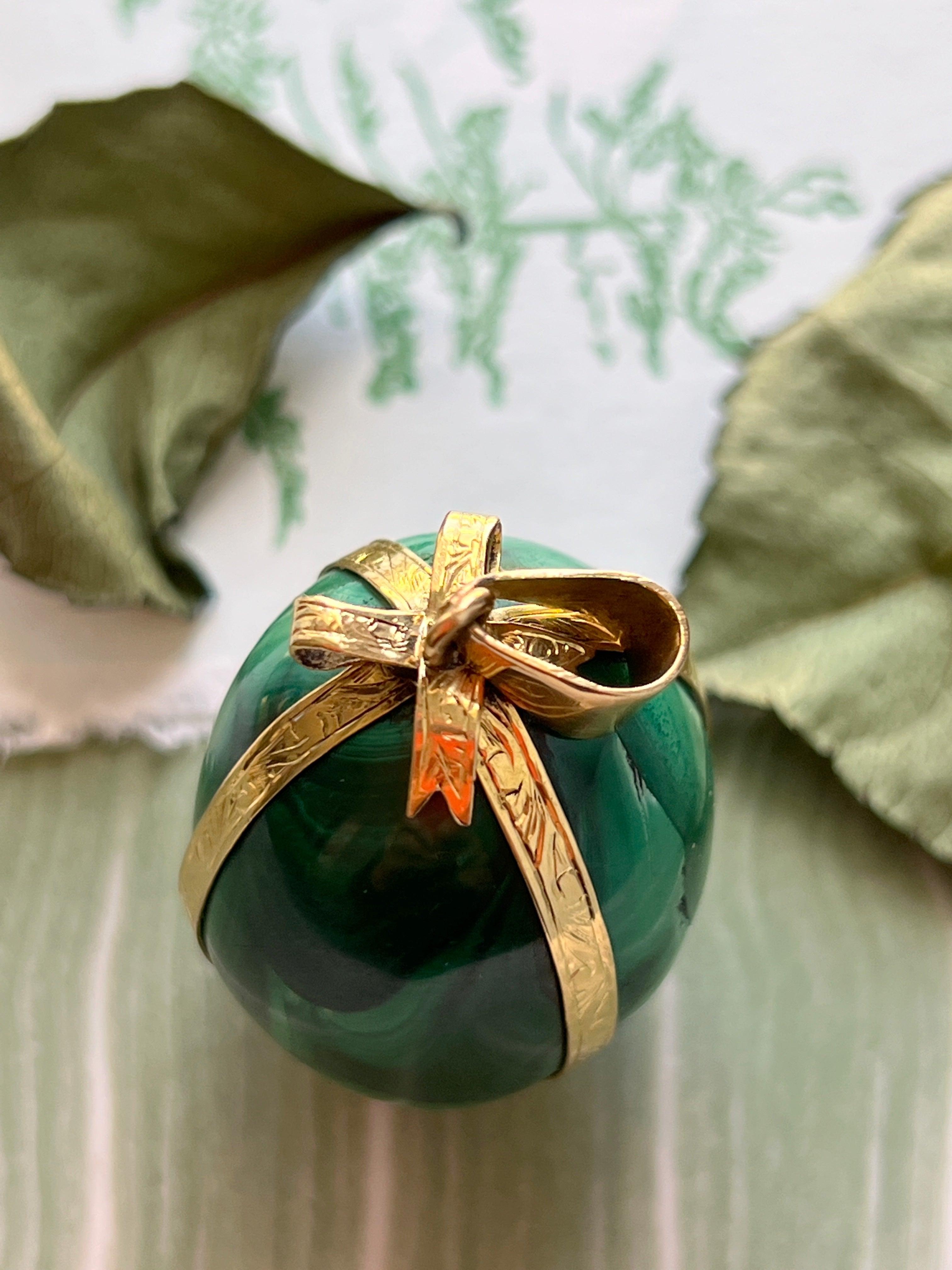 Magnificent bejeweled French antique 18K gold malachite ribbon egg pendant - Curiously timeless