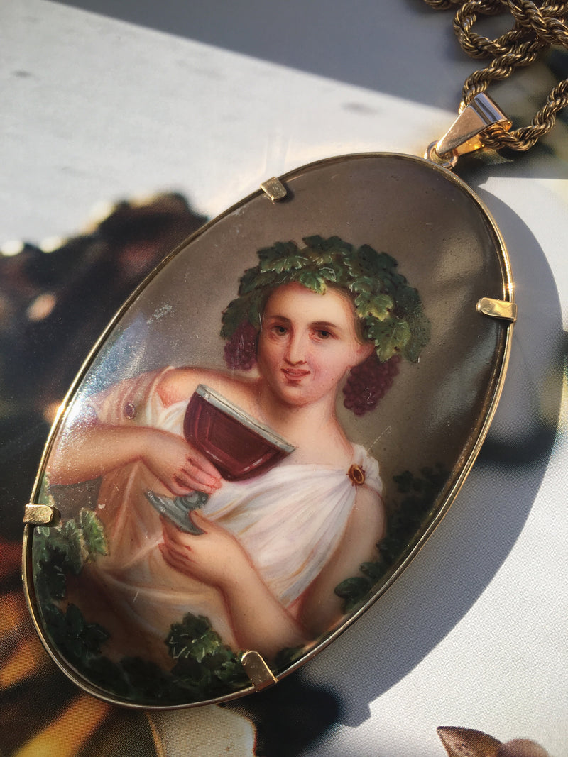 Impressive French antique 18K gold Bacchus miniature portrait pendant