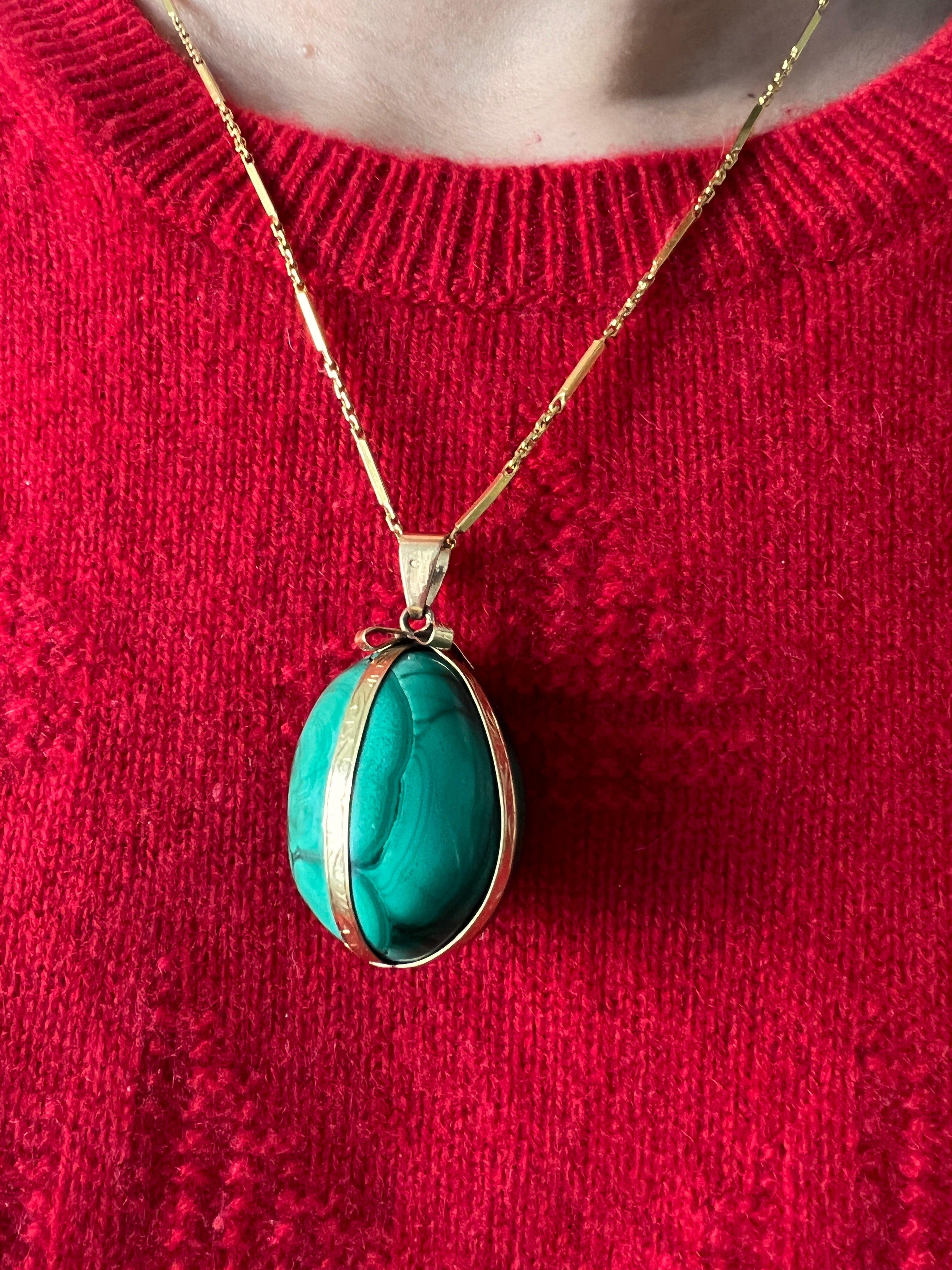 Magnificent bejeweled French antique 18K gold malachite ribbon egg pendant - Curiously timeless