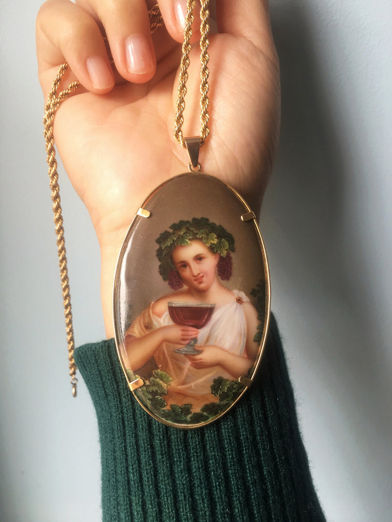 Impressive French antique 18K gold Bacchus miniature portrait pendant