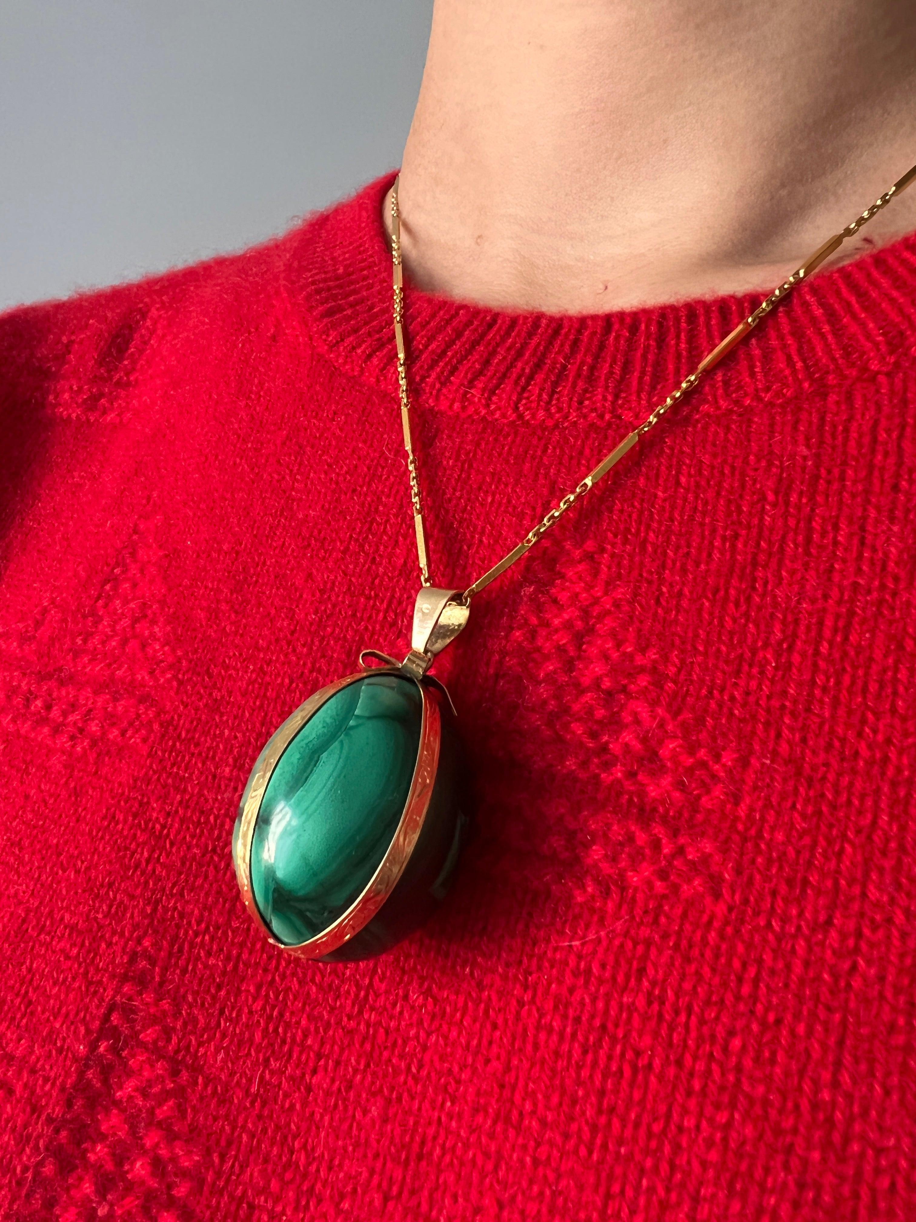 Magnificent bejeweled French antique 18K gold malachite ribbon egg pendant - Curiously timeless