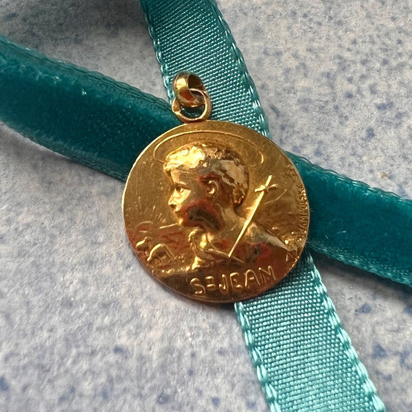 Rare French antique 18K gold medal signed by Michel Jampolsky Young John the Baptist