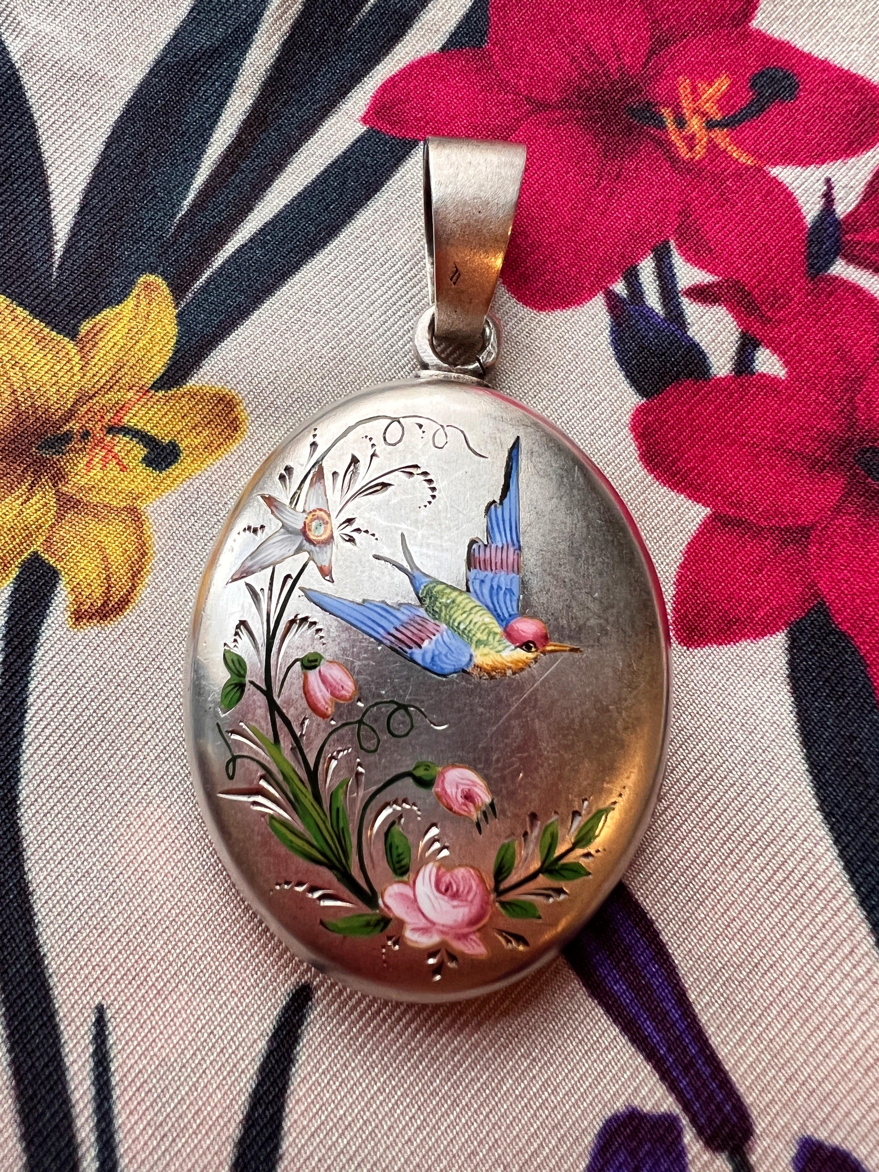 Very sentimental French antique silver enameled Swallow rose flower locket pendant - Curiously timeless