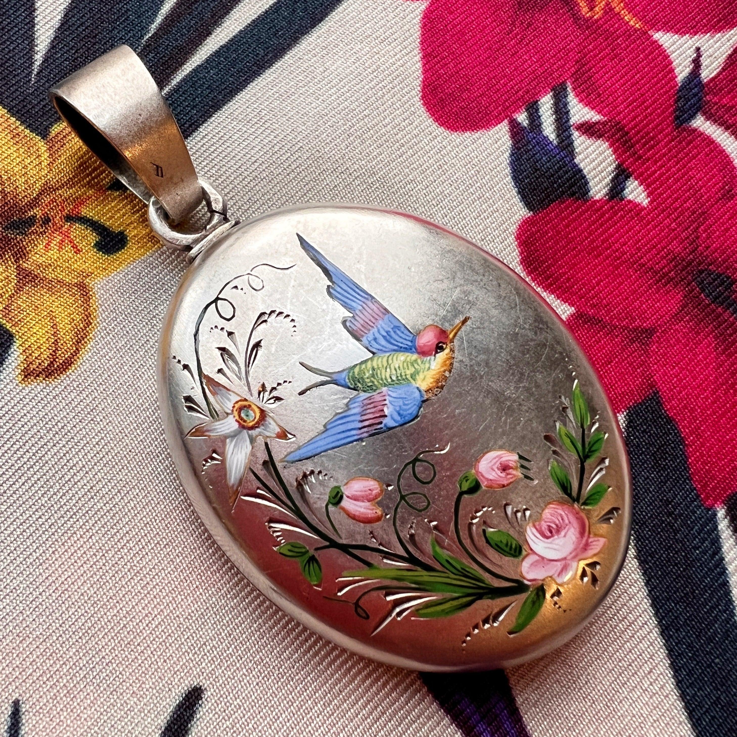 Very sentimental French antique silver enameled Swallow rose flower locket pendant - Curiously timeless